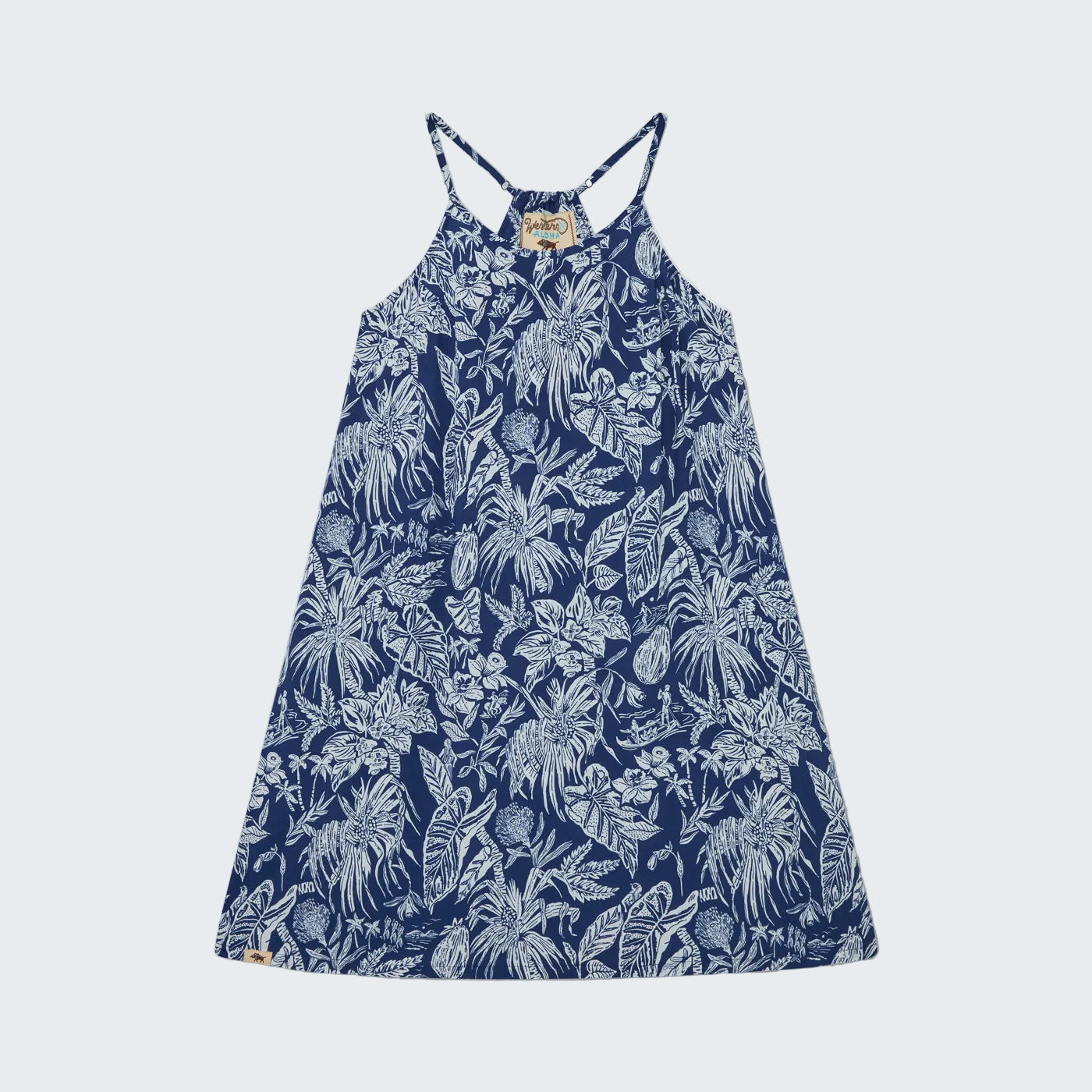 Navy blue dress with white floral pattern on a white background