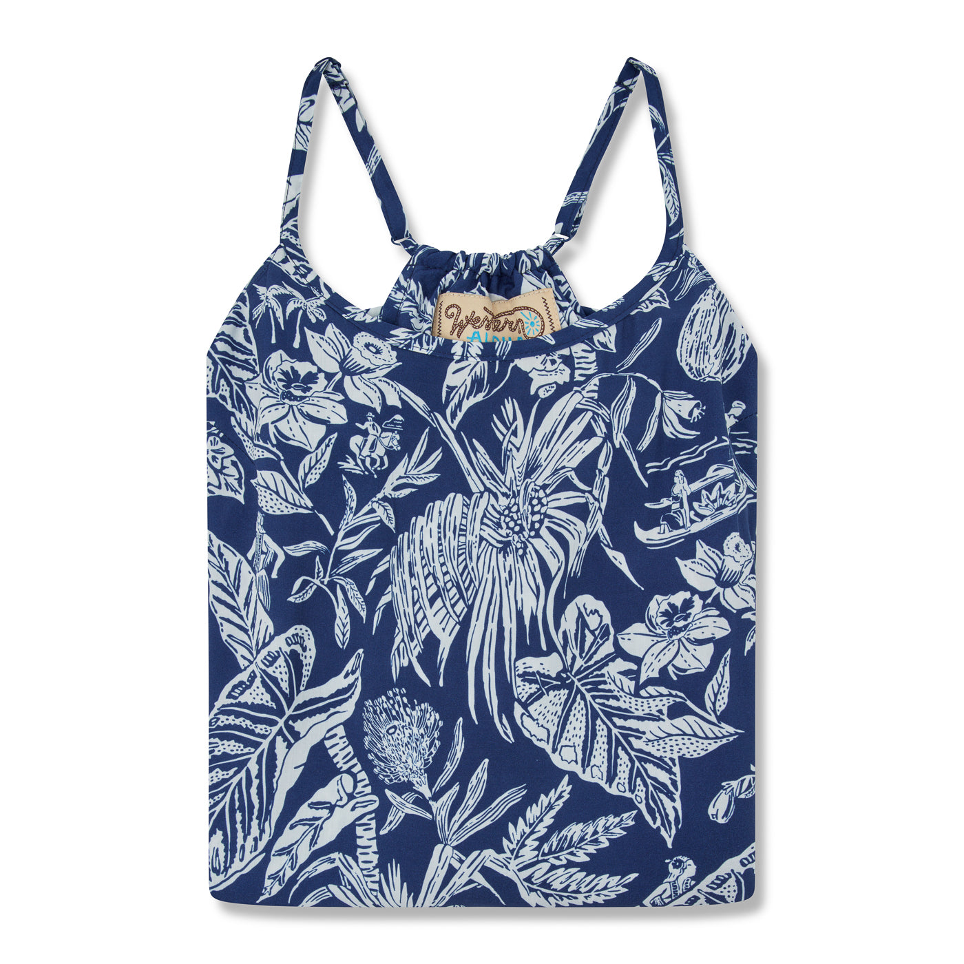 Navy blue tank top with white floral pattern on a white background