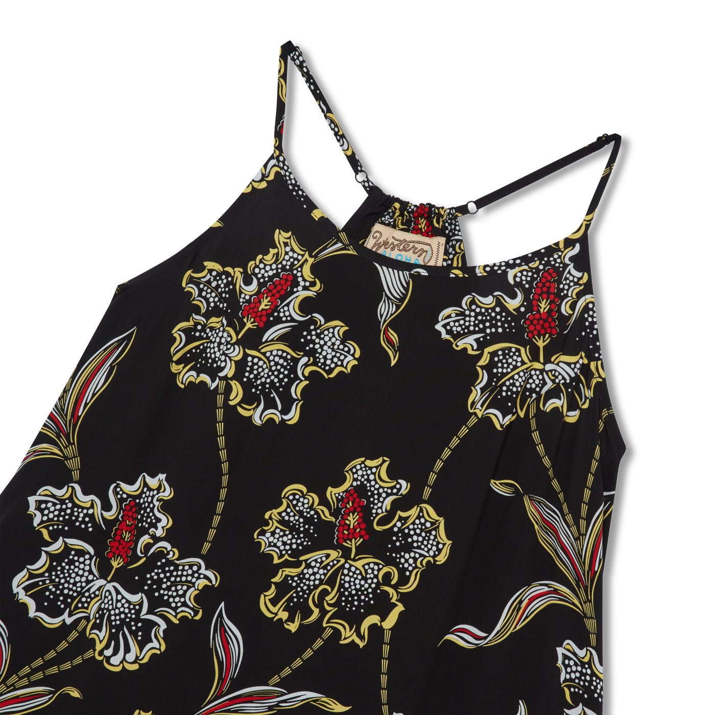 Black floral dress with gold and red details on a white background