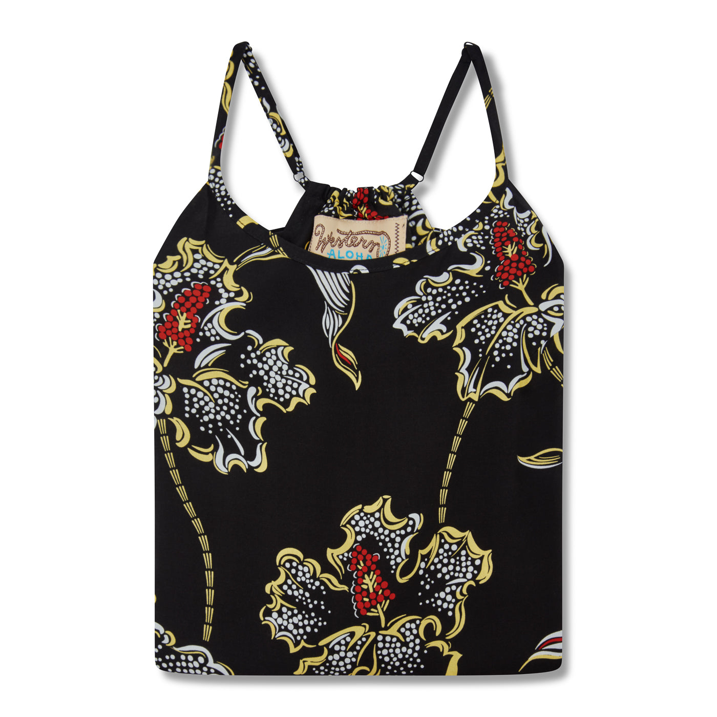 Black tank top with floral pattern on a white background