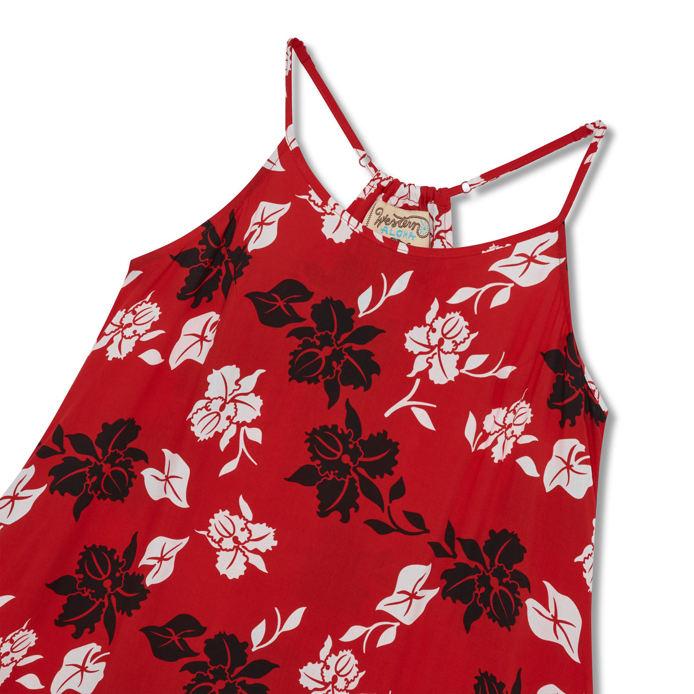 Red dress with black and white floral pattern on a white background