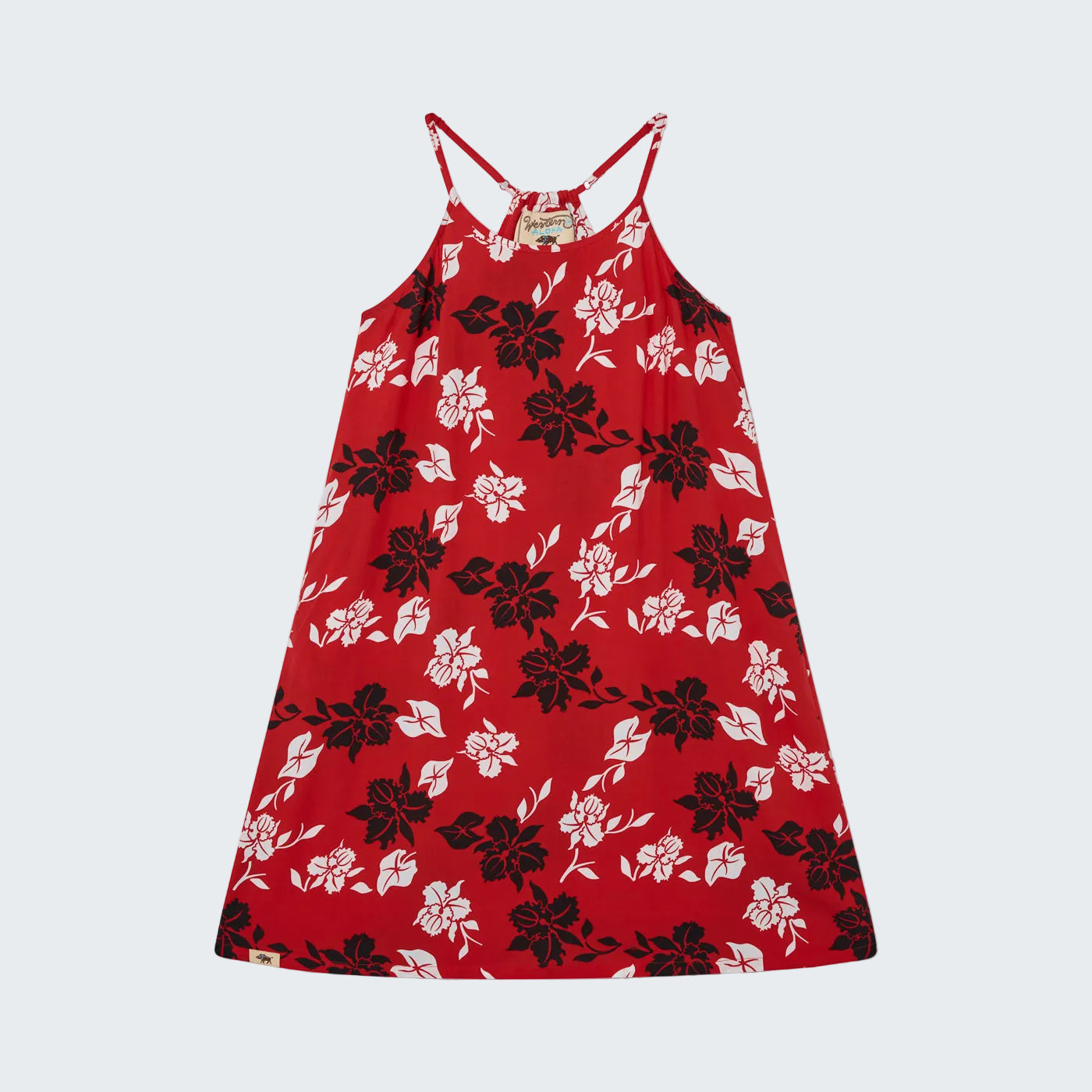 Red floral dress with black and white flowers on a white background