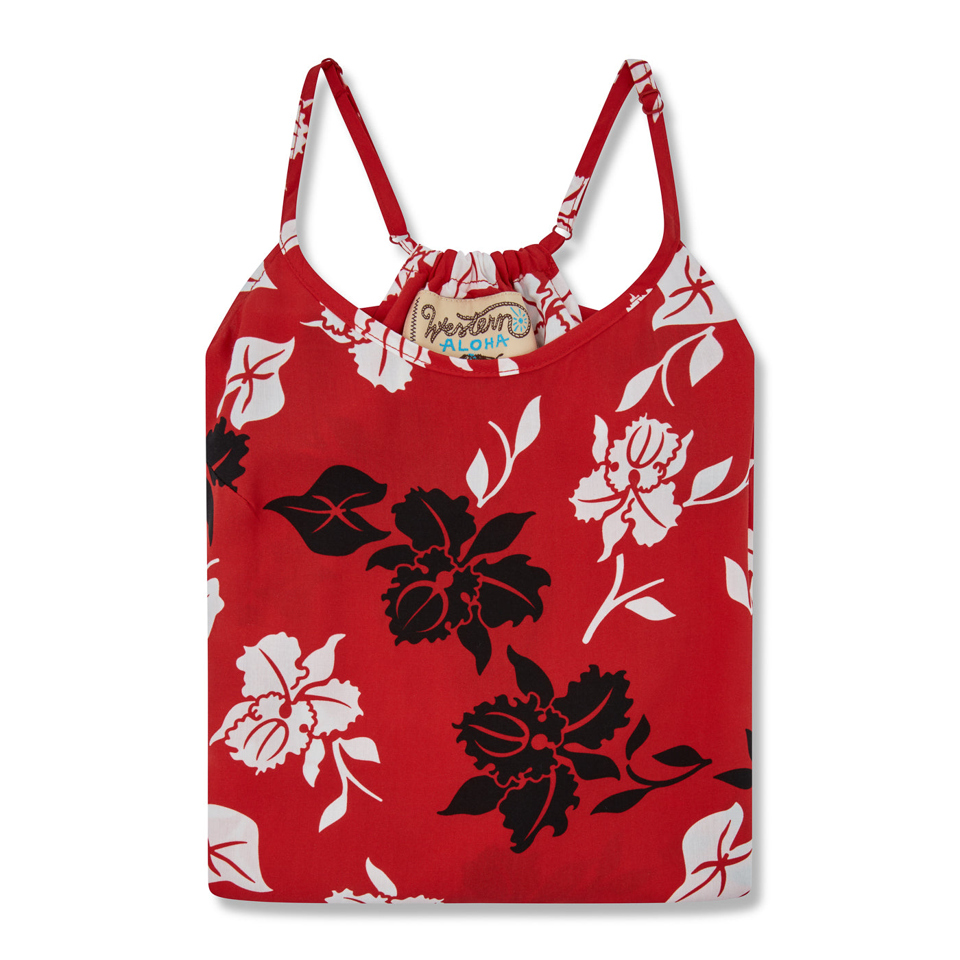 Red floral tank top with black and white flowers on a white background