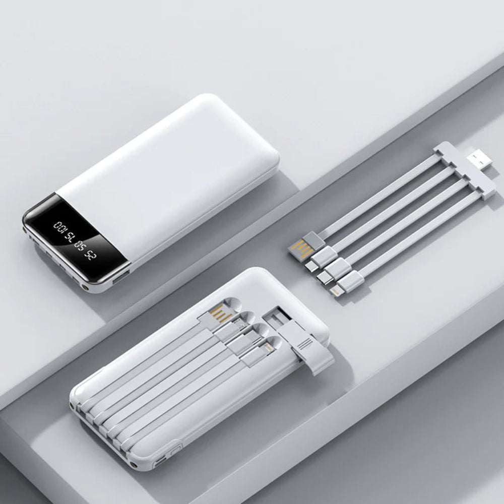White electronic devices including a power bank and USB cable on a light gray background