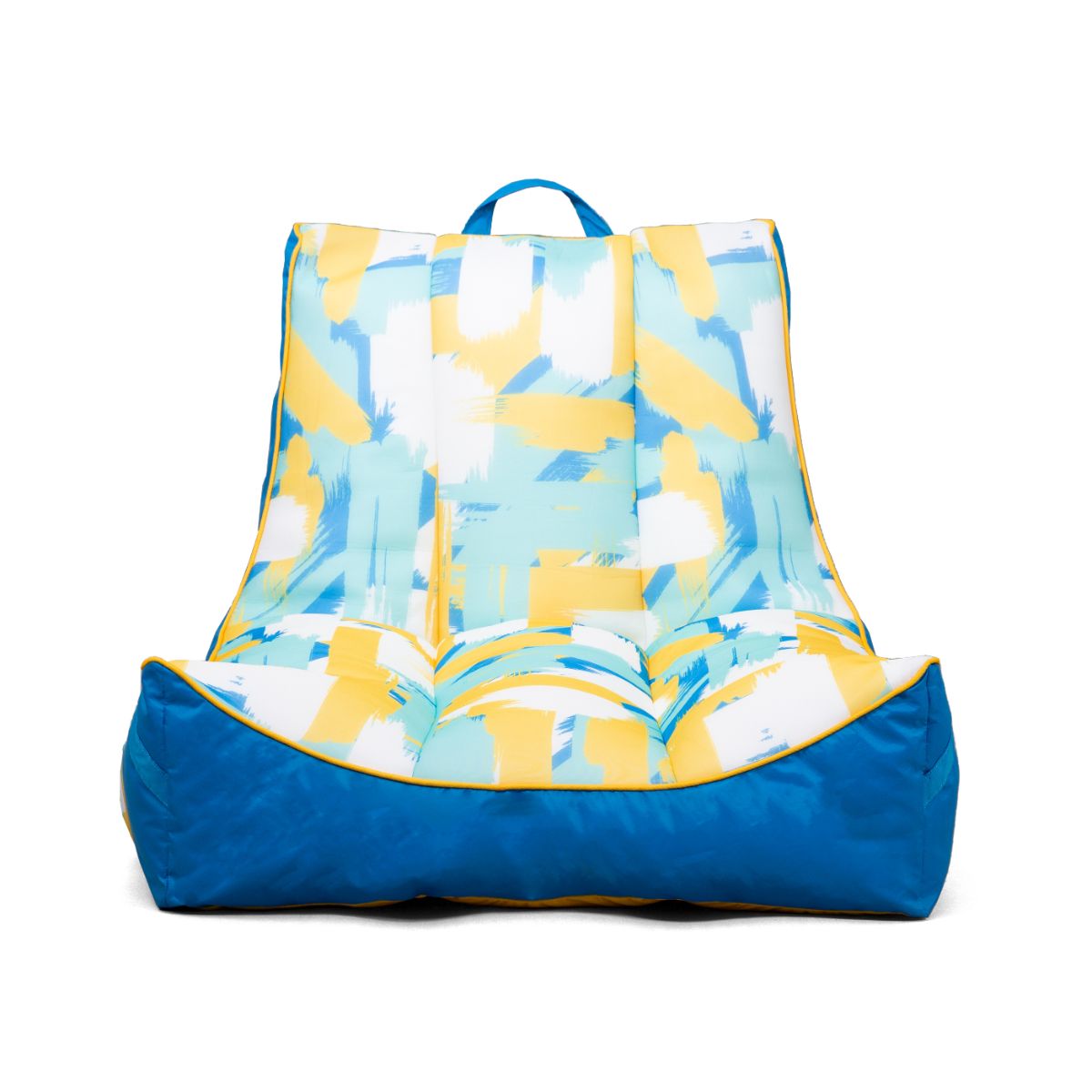 Colorful bean bag chair with abstract design on a white background