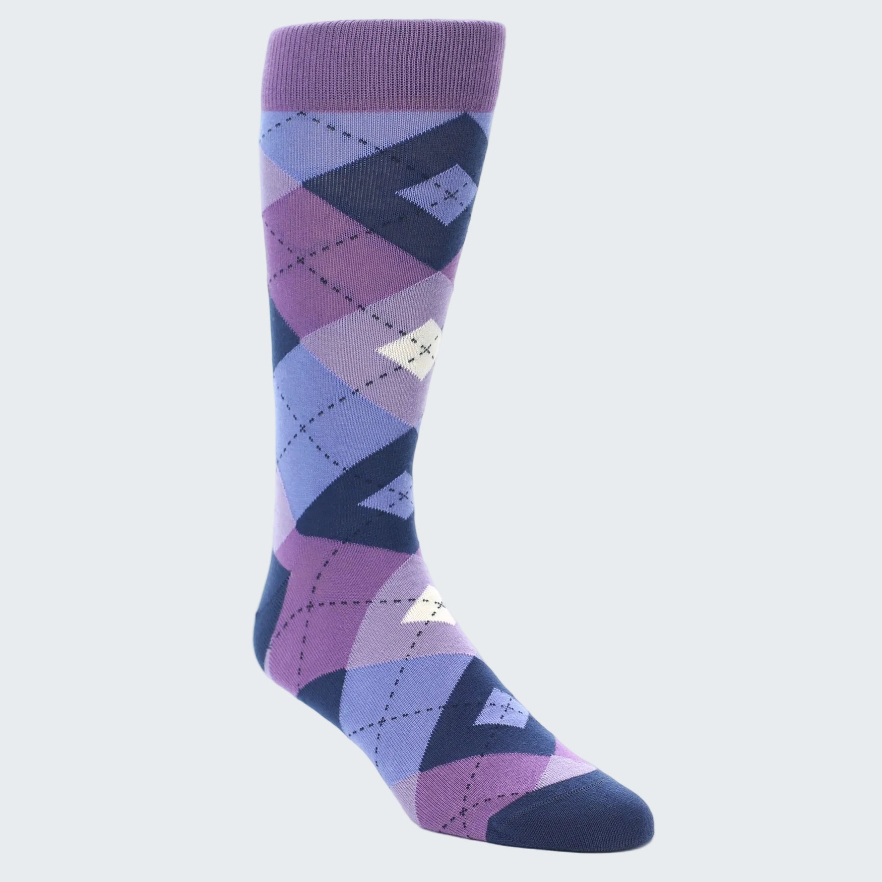 A single argyle pattern crew sock in shades of purple, navy blue, and white, shown on a clean white background.