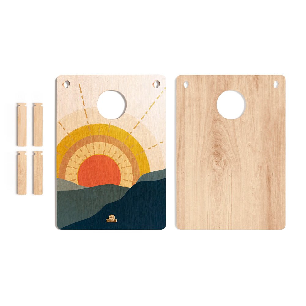 Wooden puzzle with sunset design on a white background