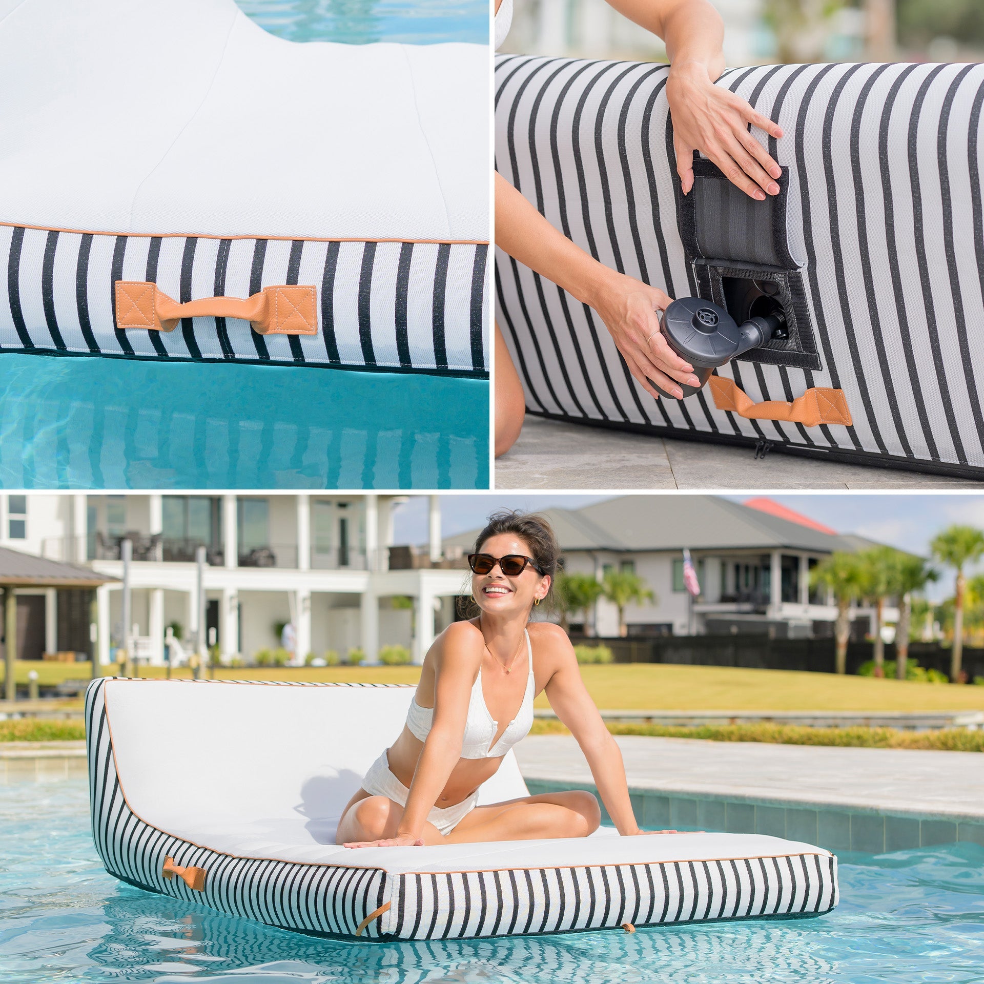Collage of a striped inflatable pool float with a pump, being inflated, and a person sitting on it by a pool.
