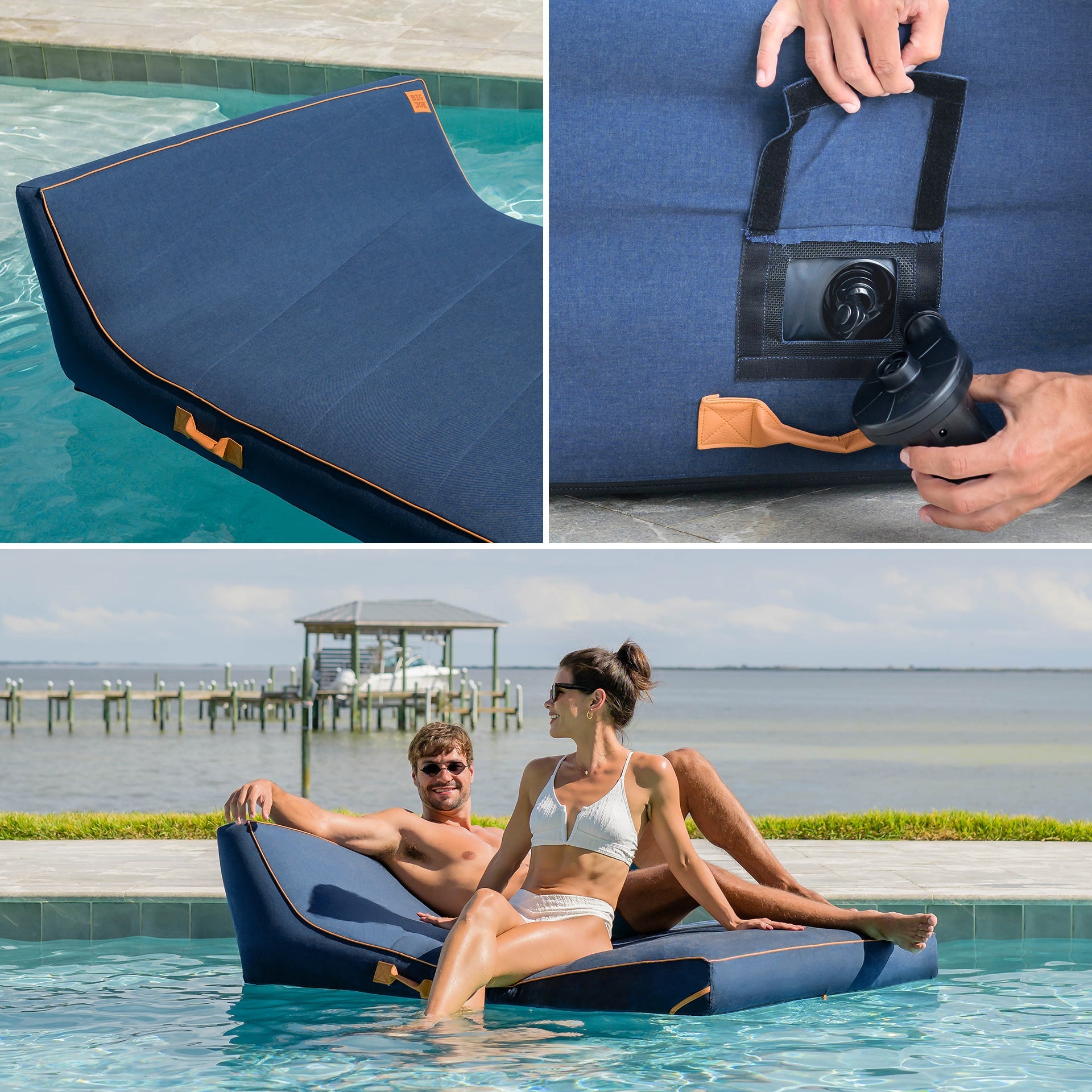 Collage of a blue inflatable pool lounge with a pump, being inflated, and people using it in a pool.