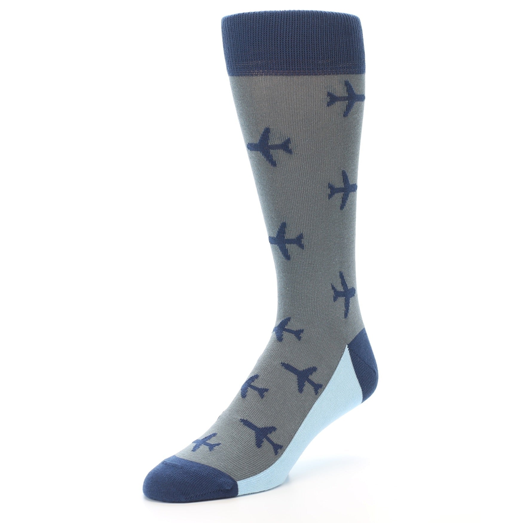 Gray sock with airplane pattern and blue accents on a white background