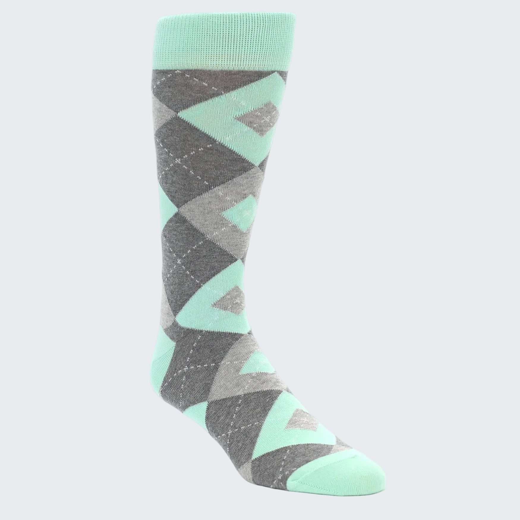 Mint and gray argyle patterned sock on a white background
