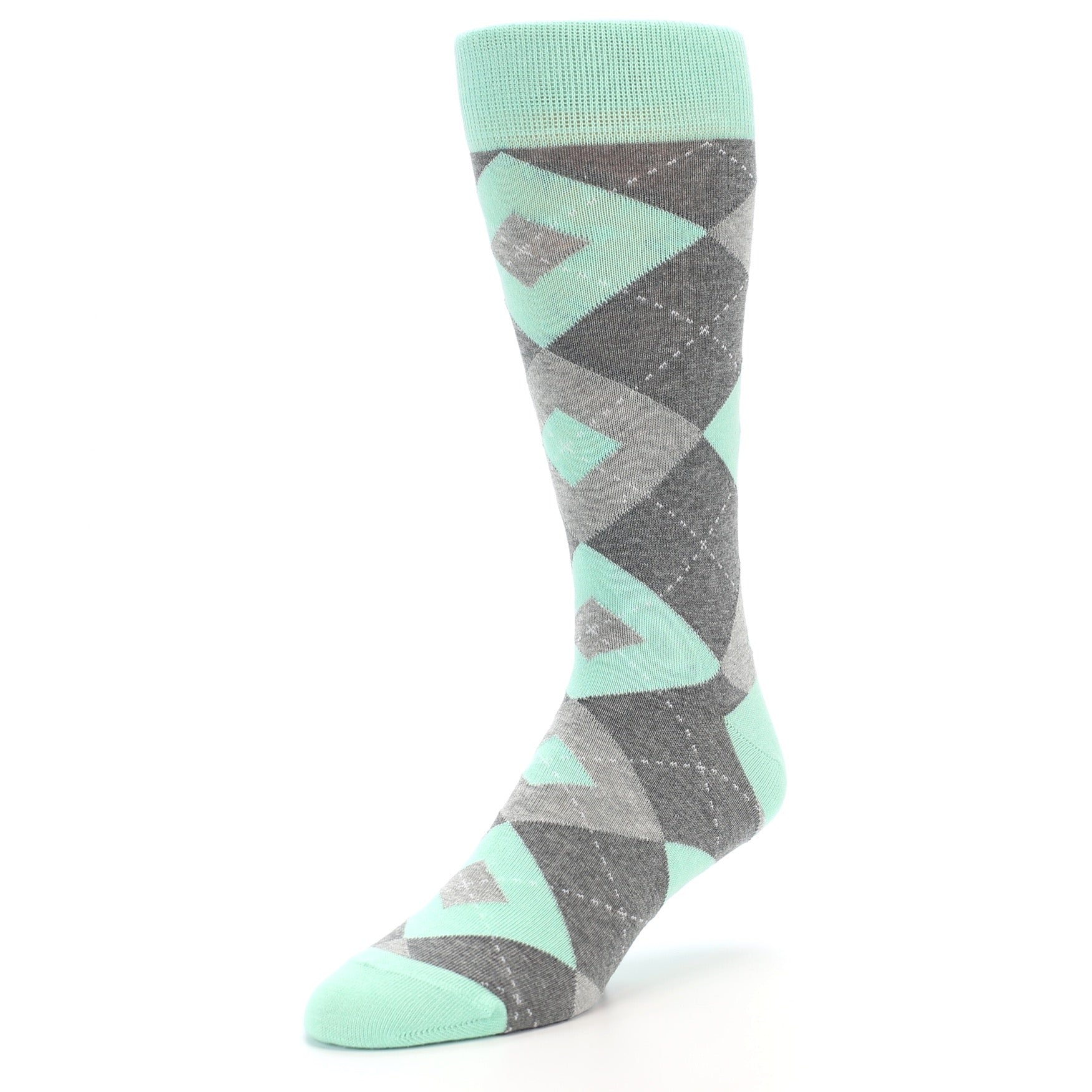 Mint and gray argyle patterned sock on a white background