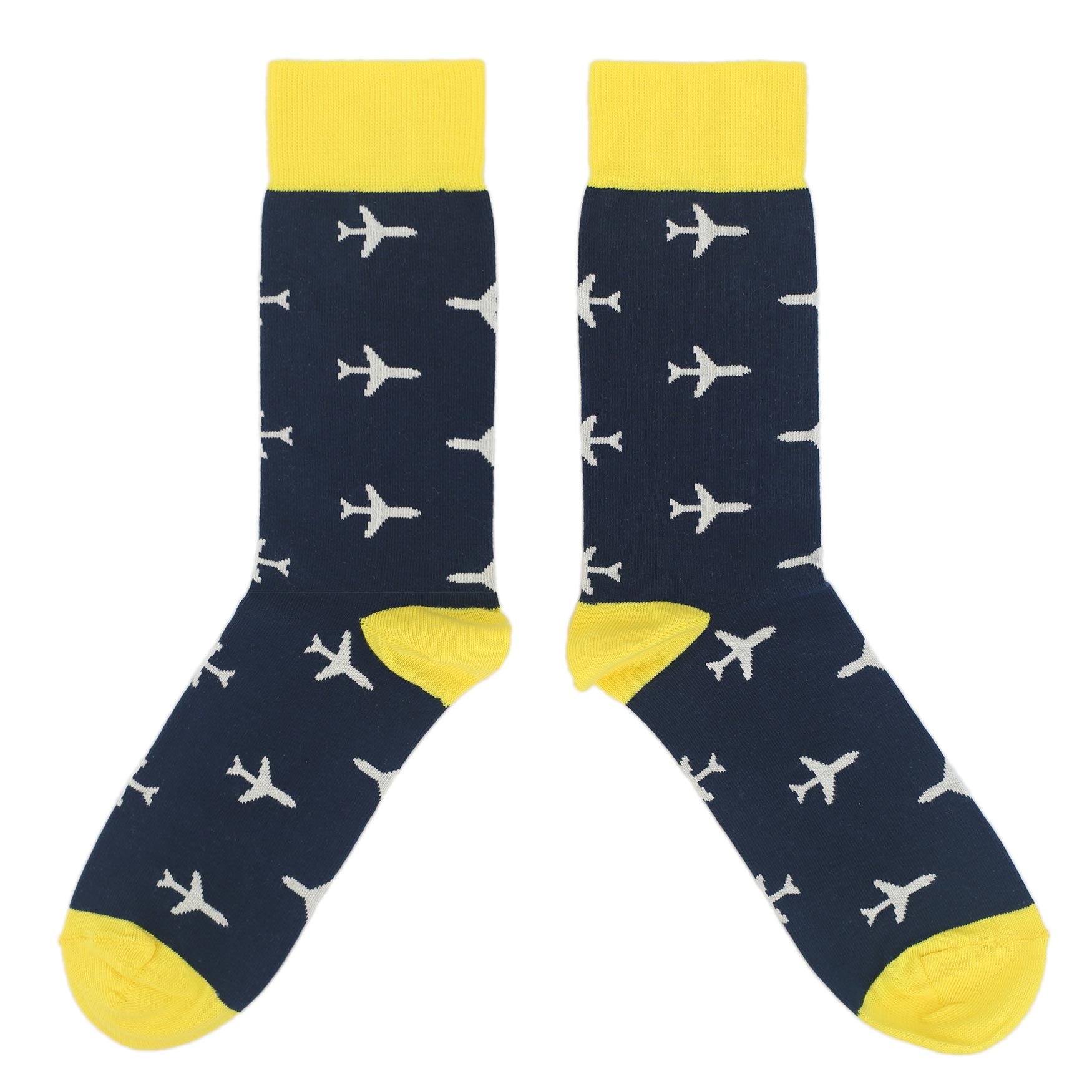 Navy socks with airplane pattern and yellow accents on a white background