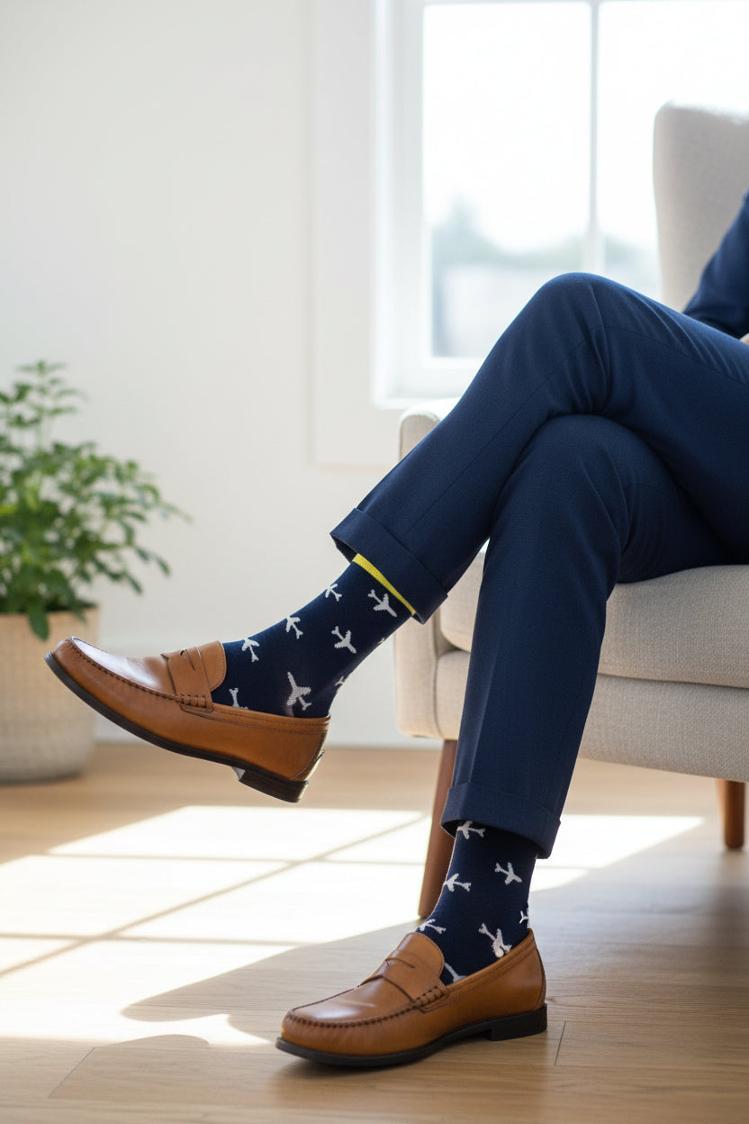 Navy sock with airplane pattern and yellow accents on a white background