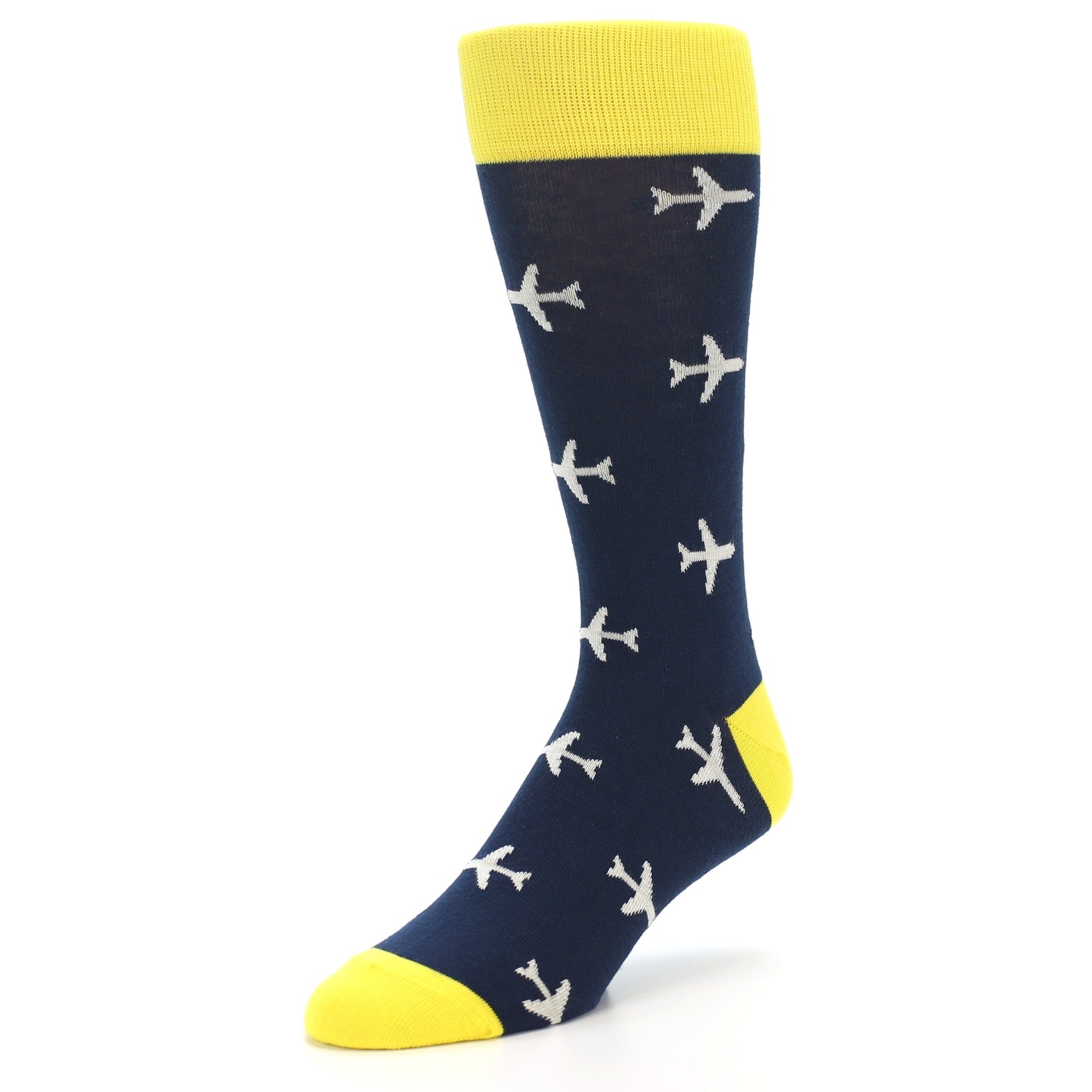 Navy sock with airplane pattern and yellow accents on a white background