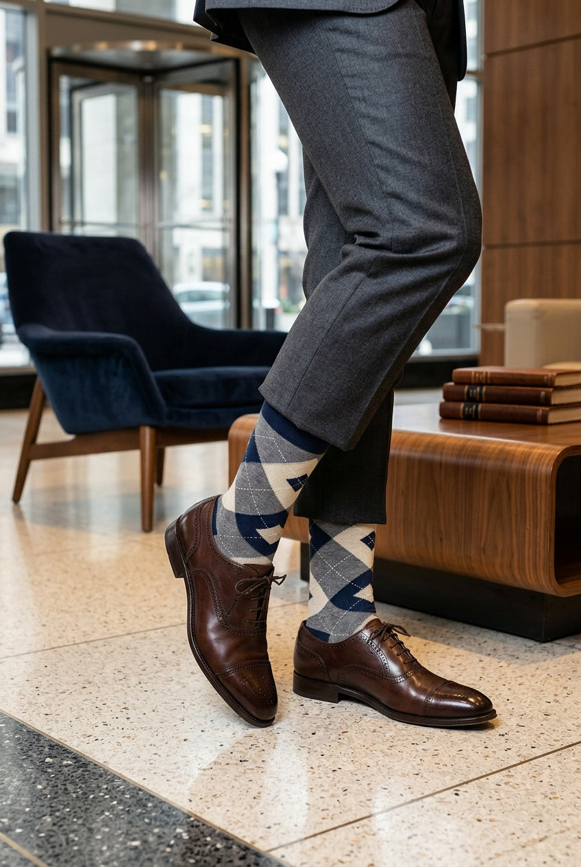 Gray and blue argyle patterned sock on a white background
