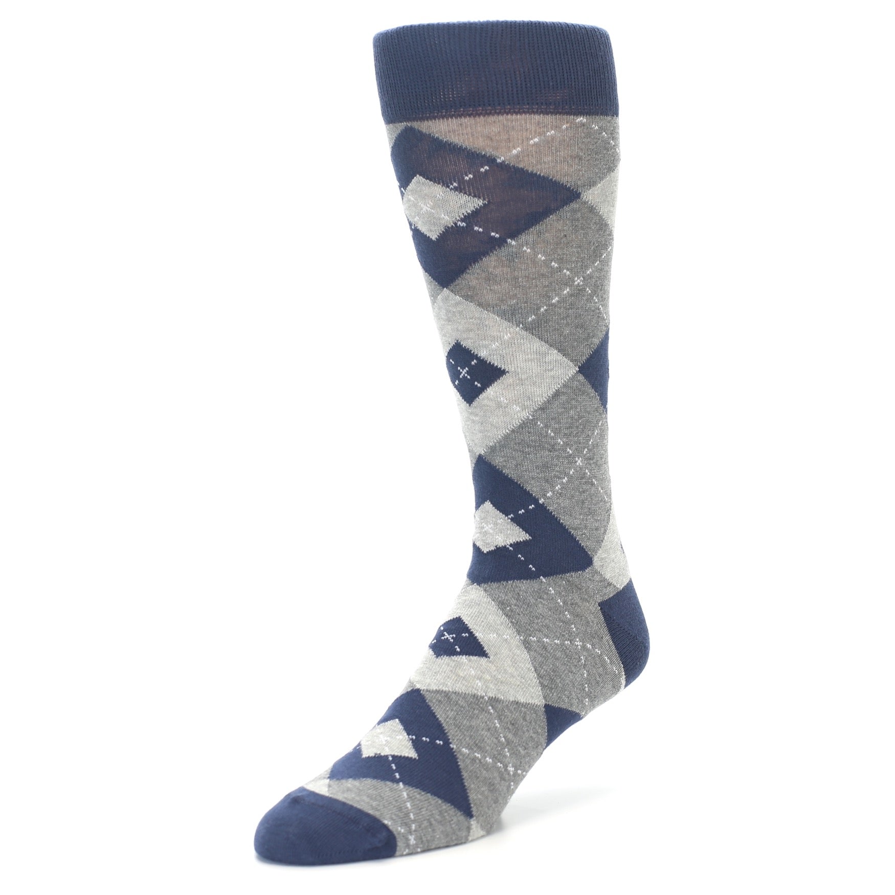 Gray and blue argyle patterned sock on a white background