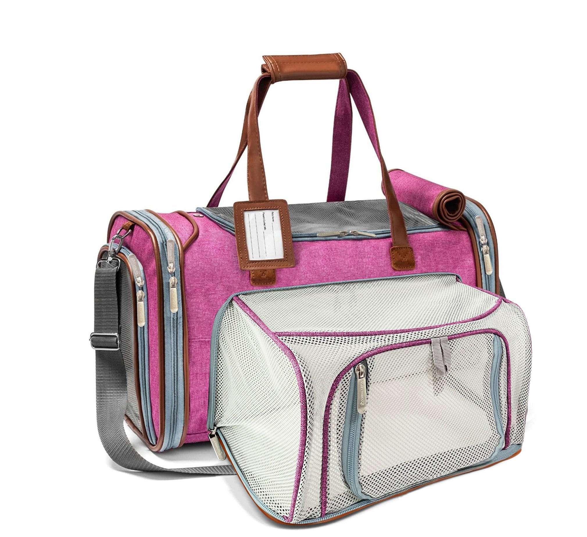 Pink and gray pet carrier with clear front section on a white background