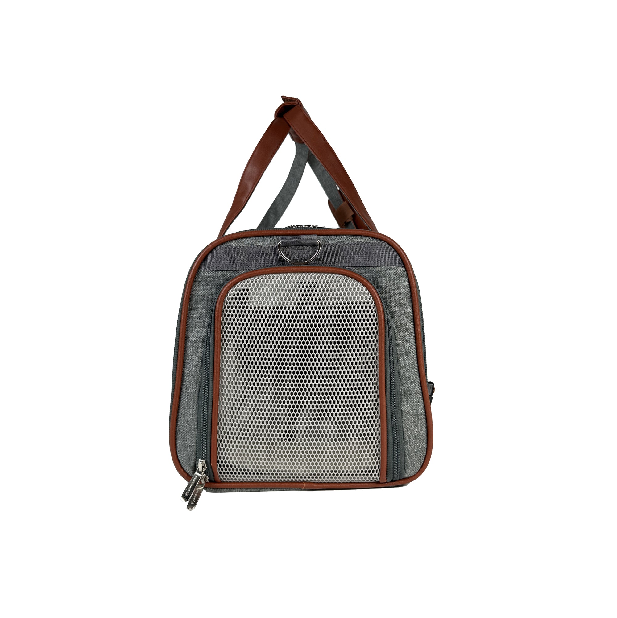 Gray pet carrier with brown straps on a white background