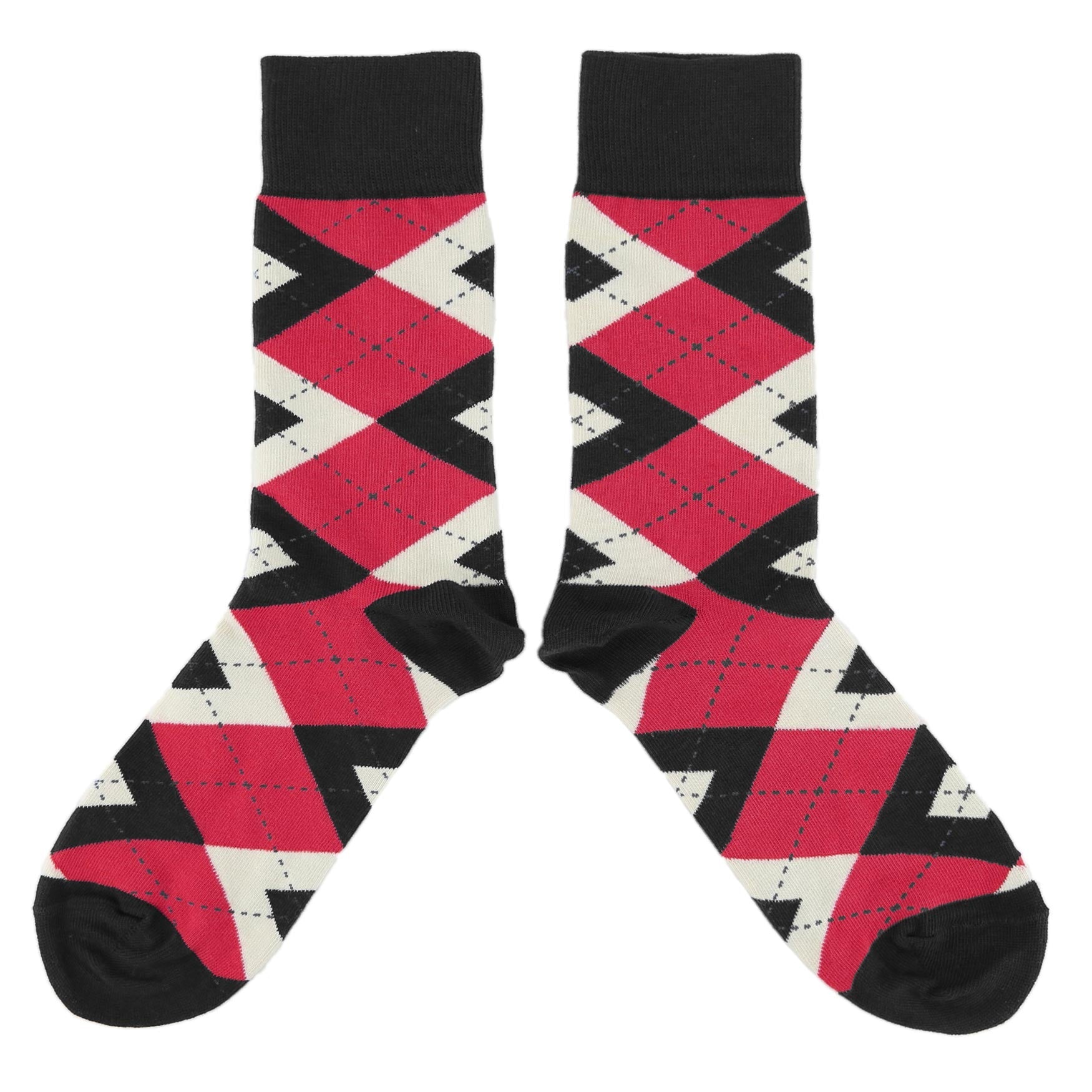 Pair of socks with red, black, and white argyle pattern on a white background