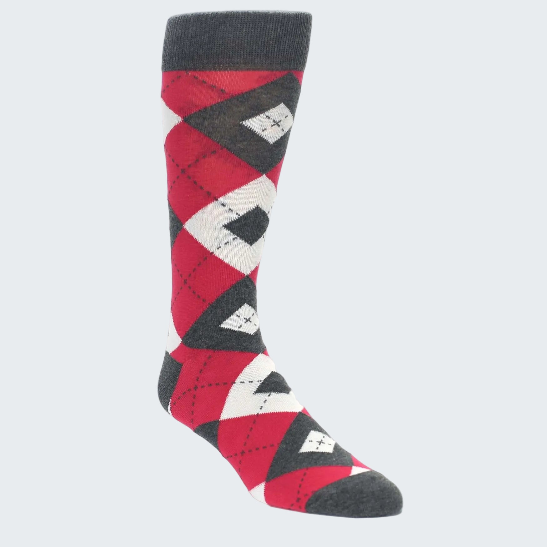 Red, black, and white argyle sock on a white background
