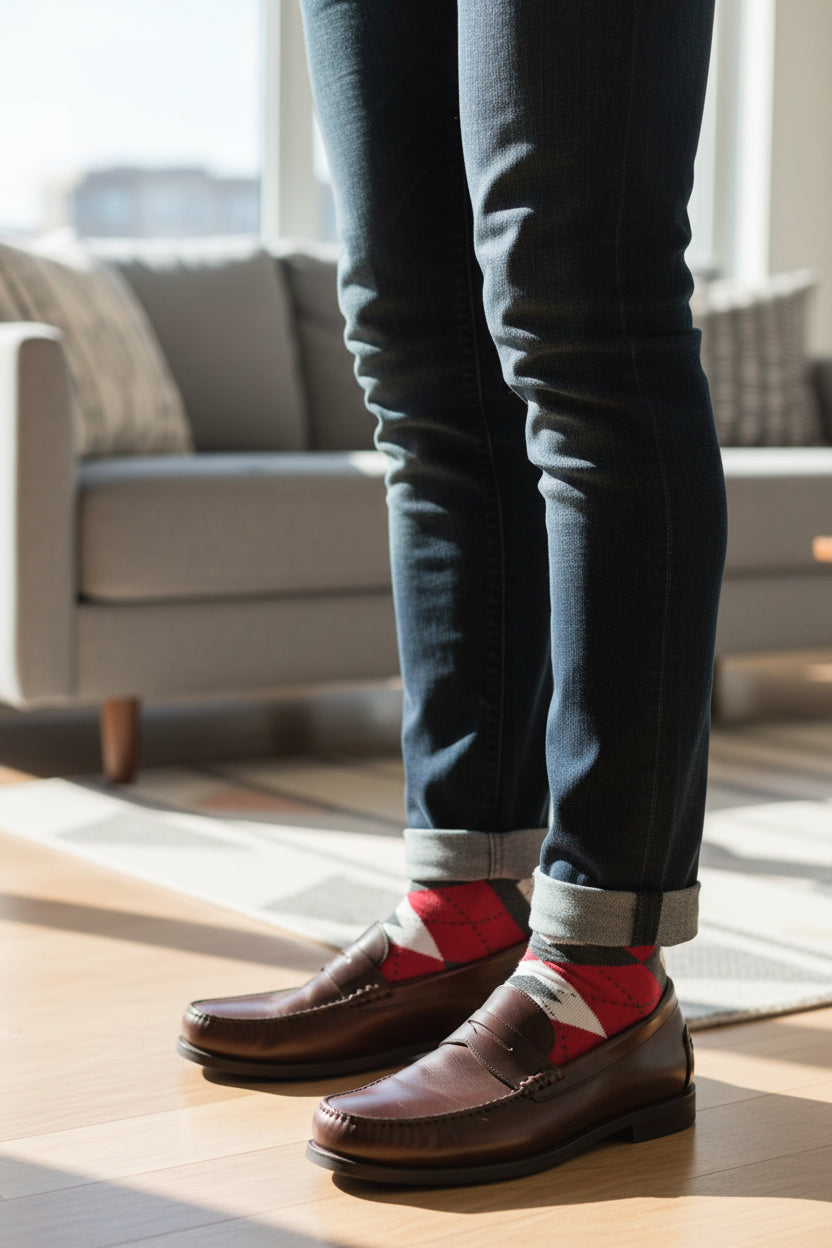 Red, black, and white argyle patterned sock on a white background