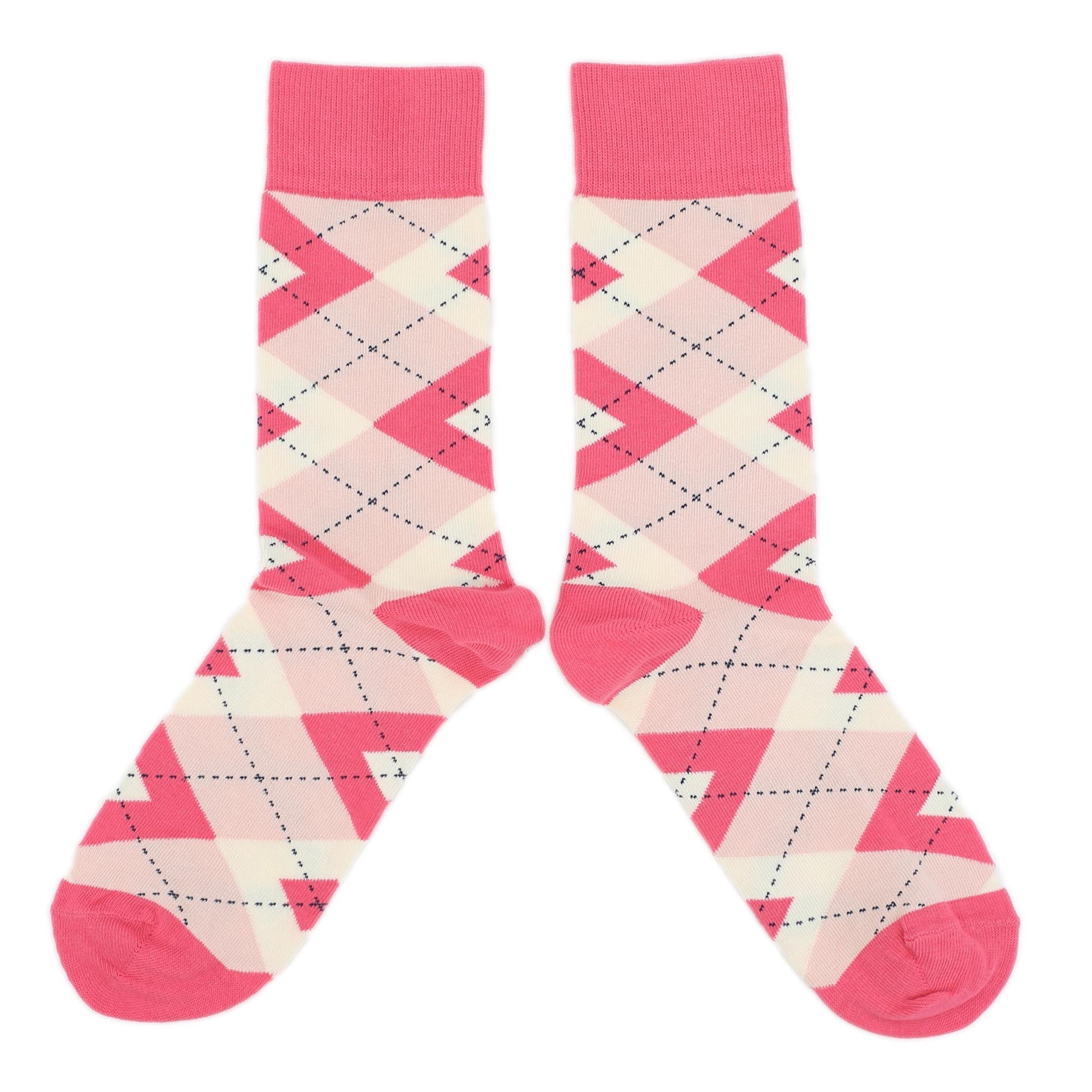 Pair of pink and white argyle pattern socks on a white background