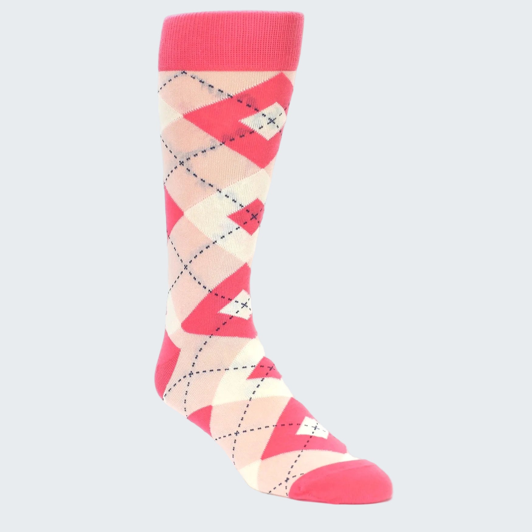 Pink and beige argyle patterned sock on a white background