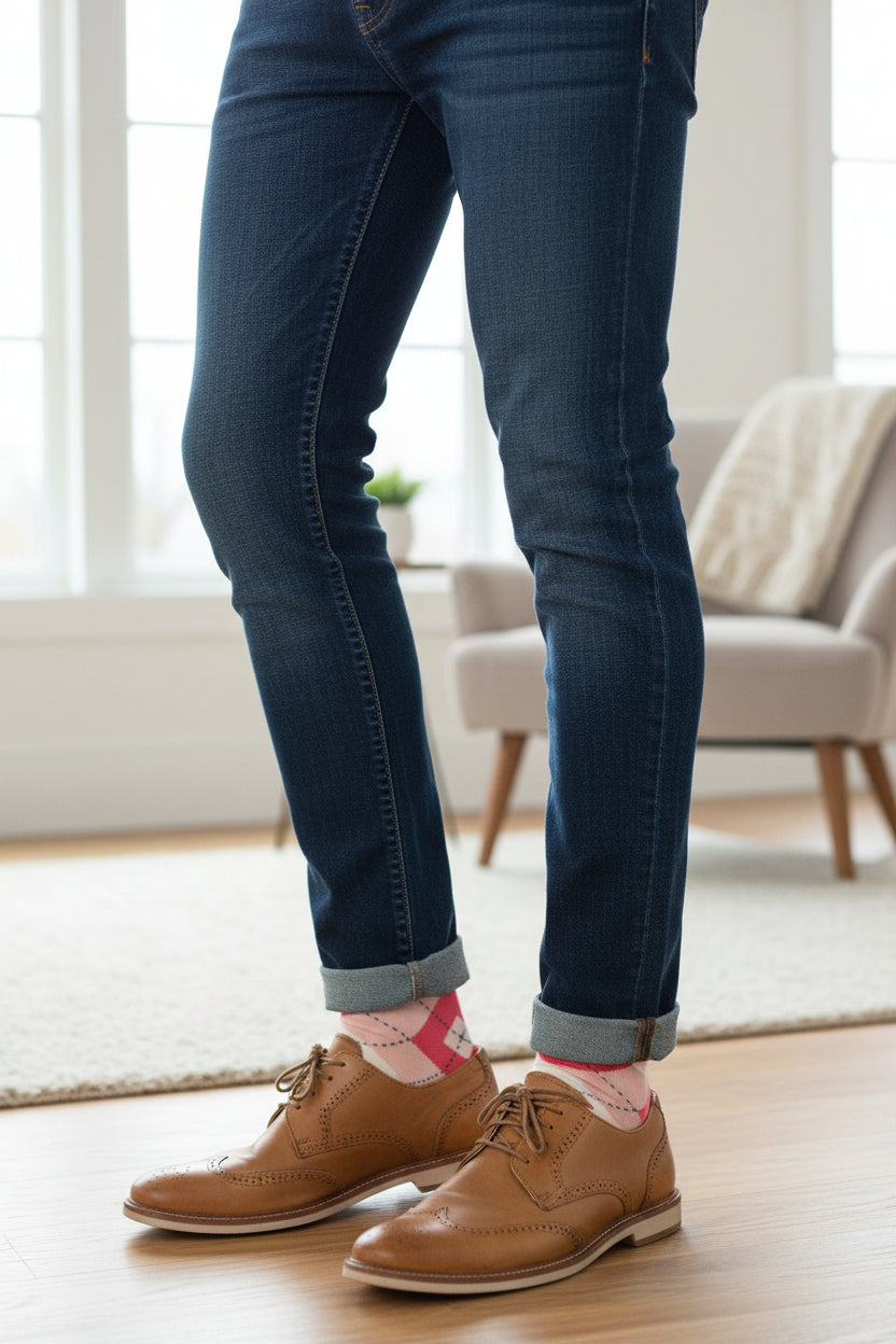 Pink and beige argyle patterned sock on a white background
