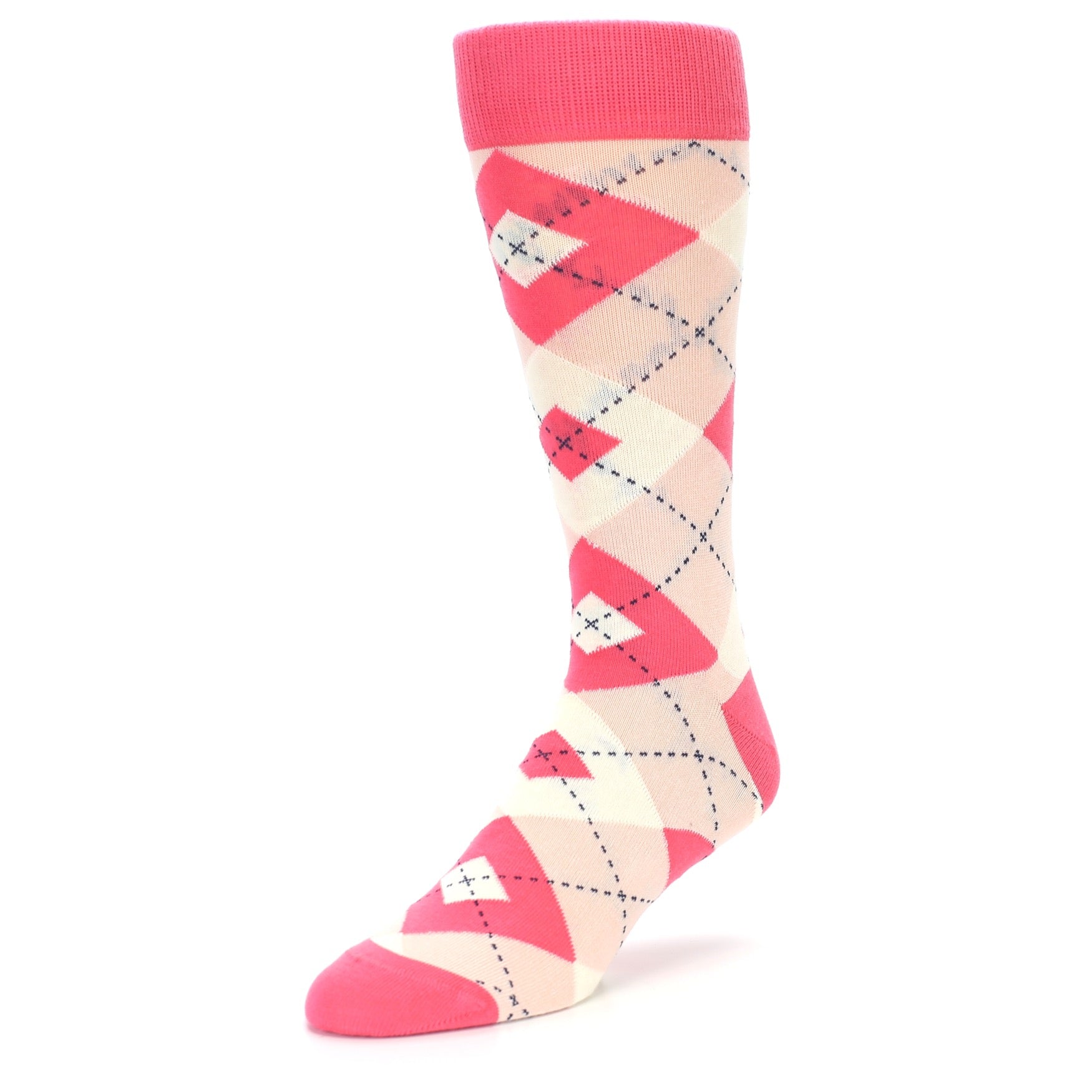Pink and beige argyle patterned sock on a white background