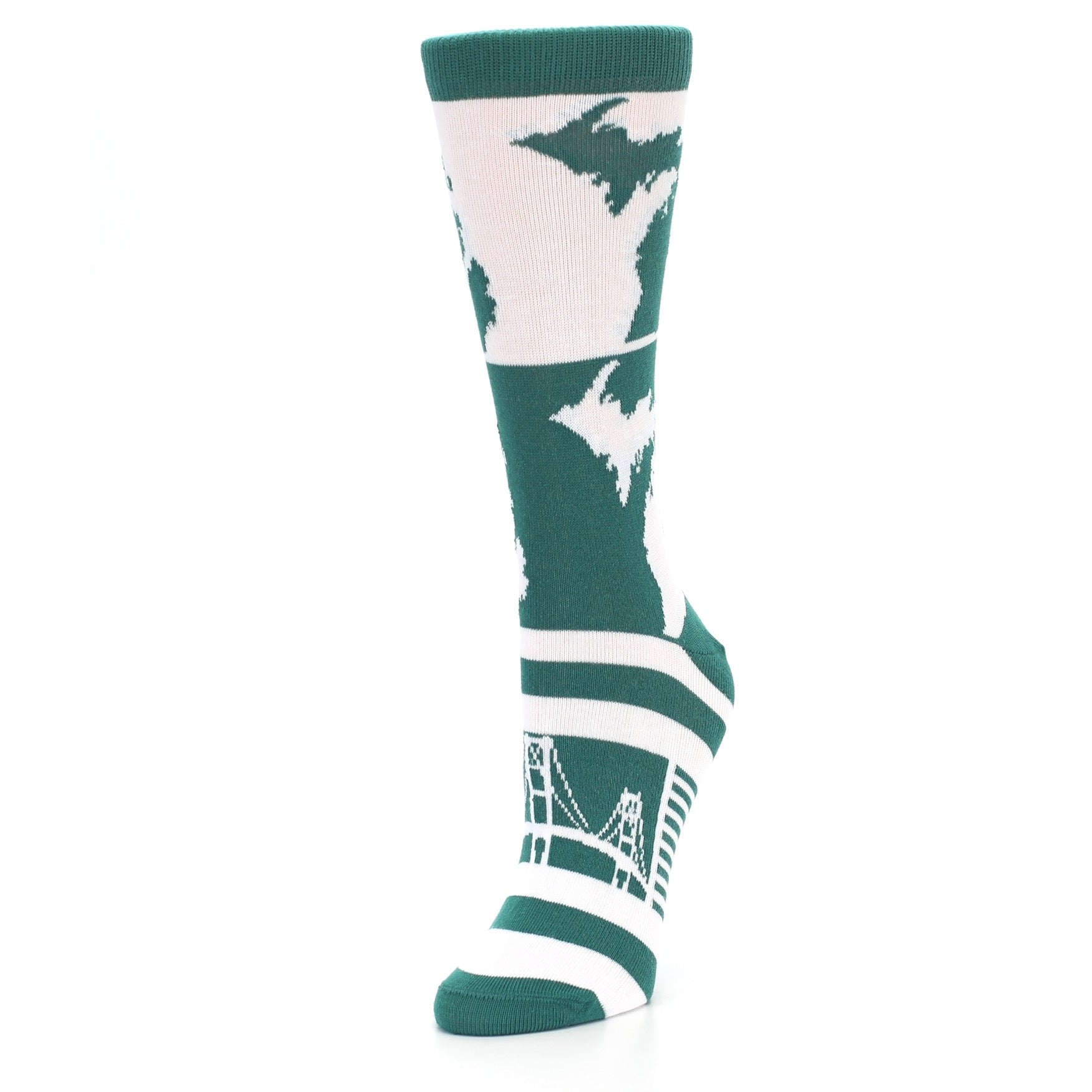 Green and white sock with bridge design on a white background