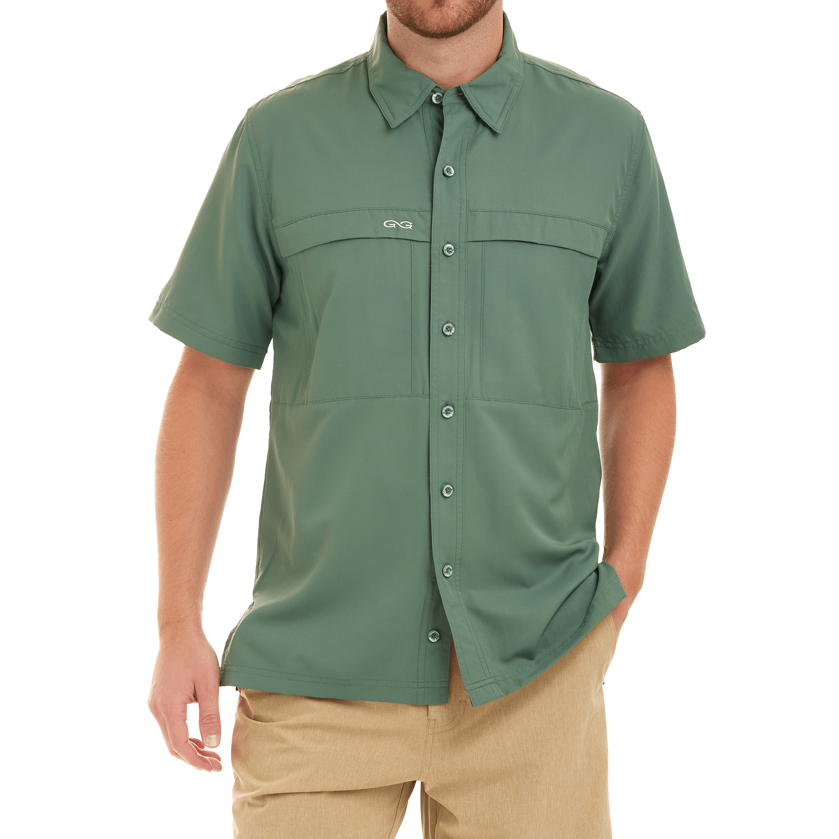 Green short-sleeve shirt worn by a person on a white background