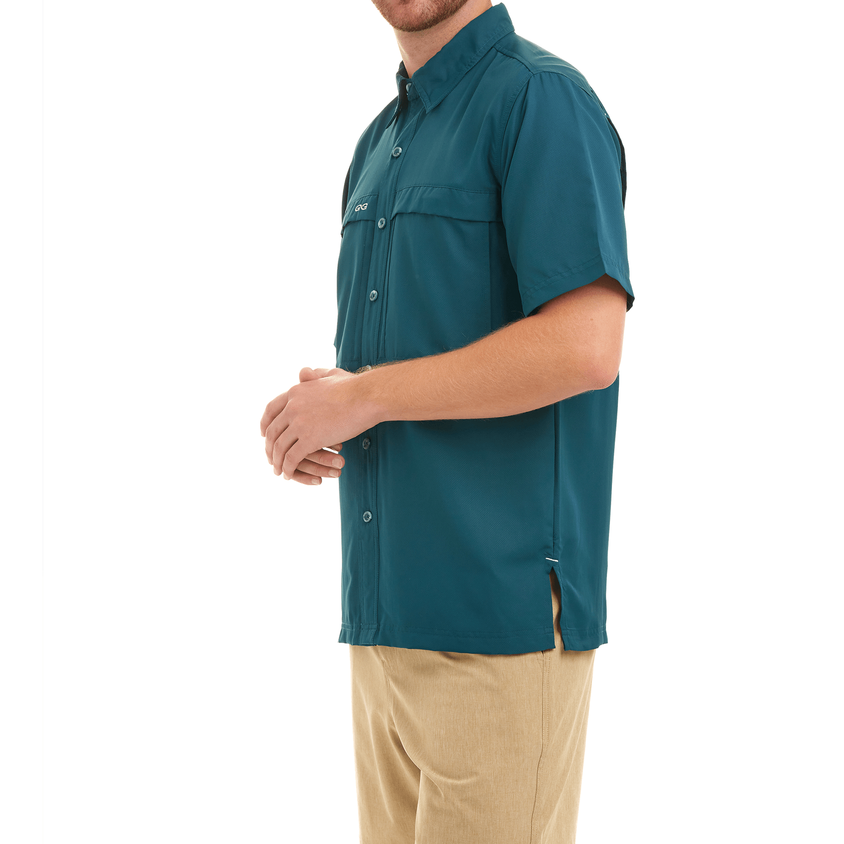 Man wearing a teal short-sleeve shirt on a white background