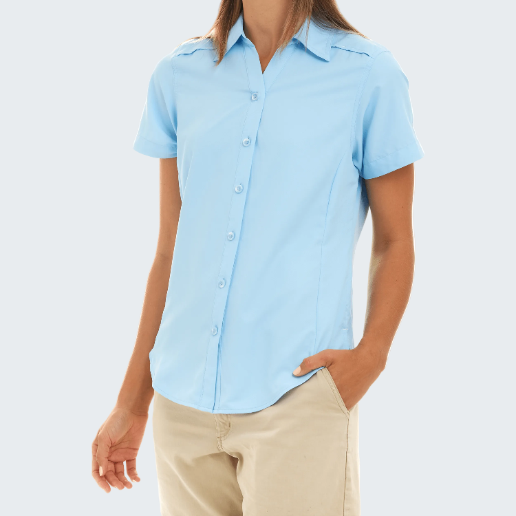 Light blue short-sleeve shirt worn by a person on a white background