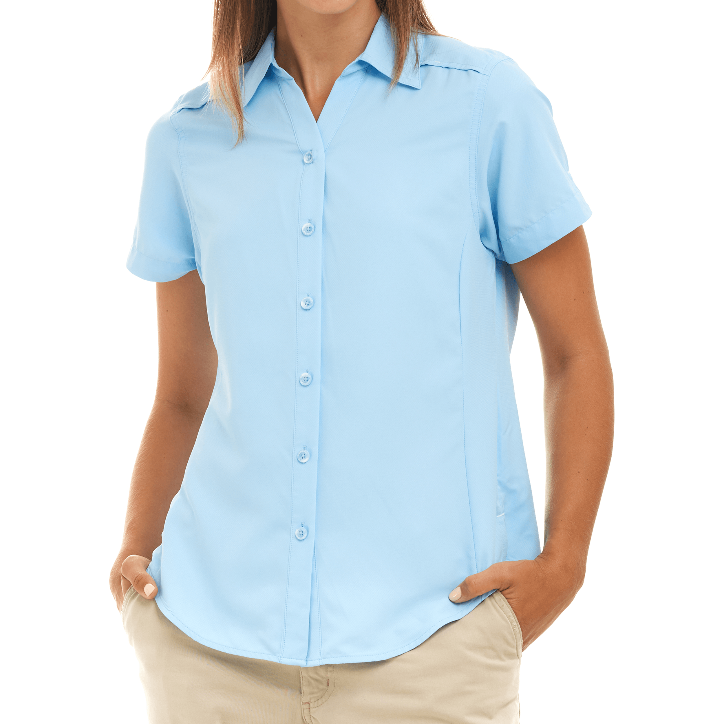 Light blue short-sleeve button-up shirt worn by a person on a white background