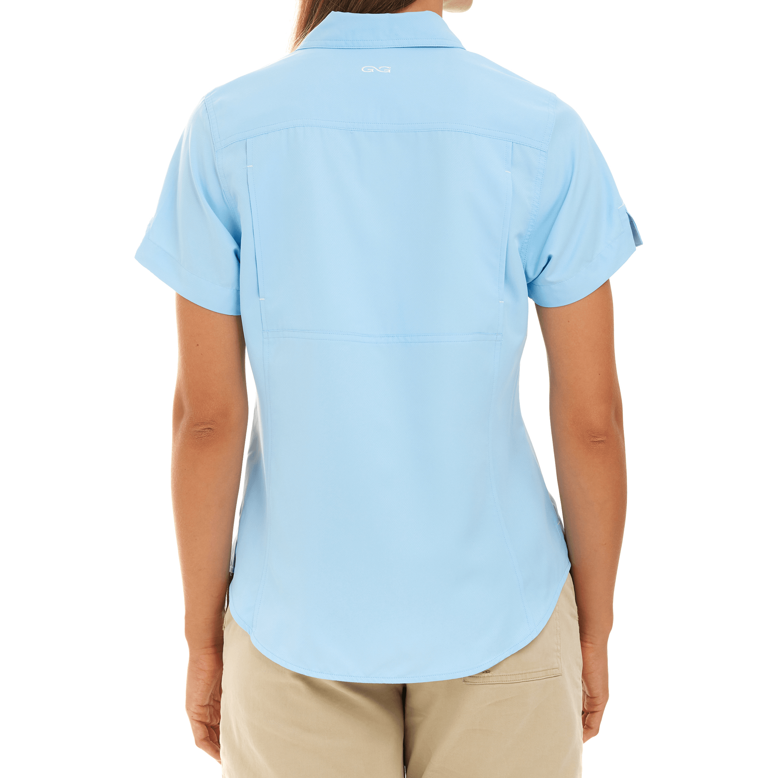Light blue polo shirt worn by a person on a white background