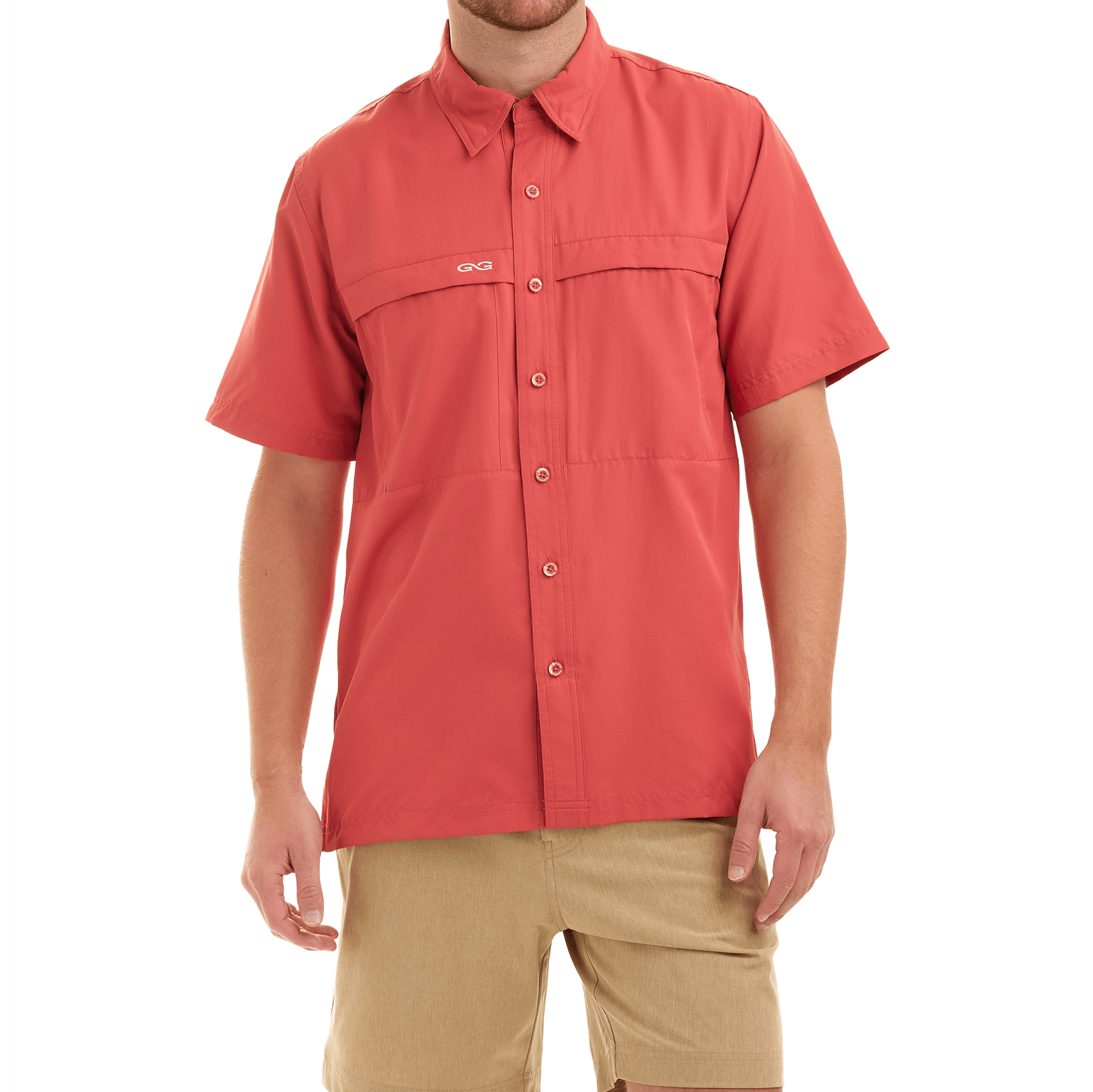 Person wearing a red short-sleeve shirt with a brand logo on a white background