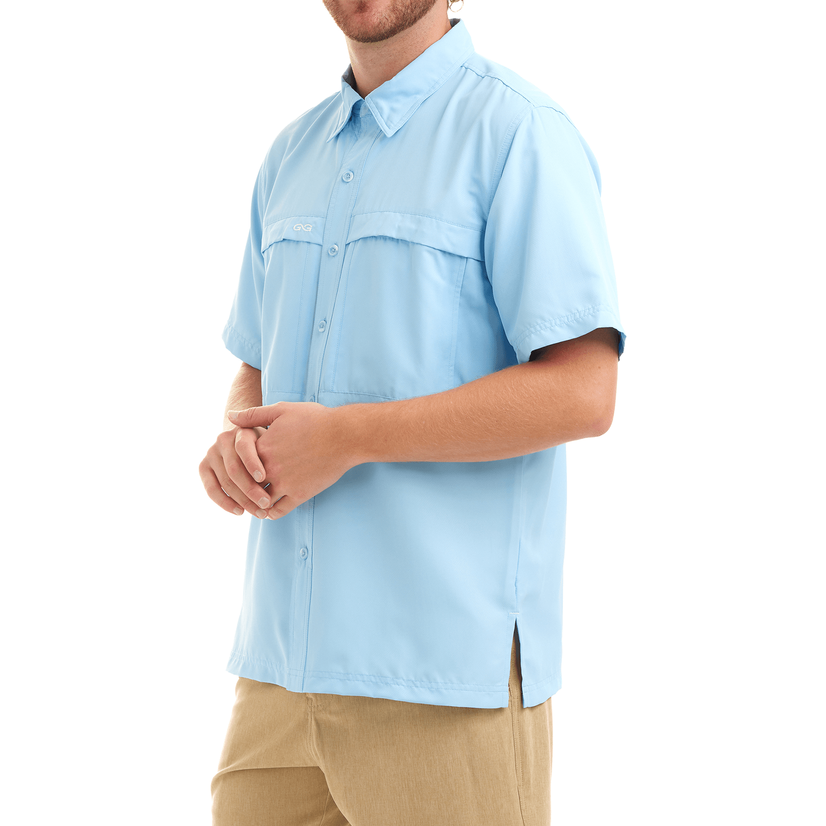 Man wearing a light blue short-sleeve shirt on a white background