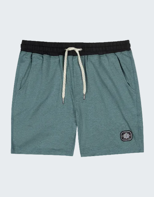 Teal shorts with a black waistband and white drawstring on a white background