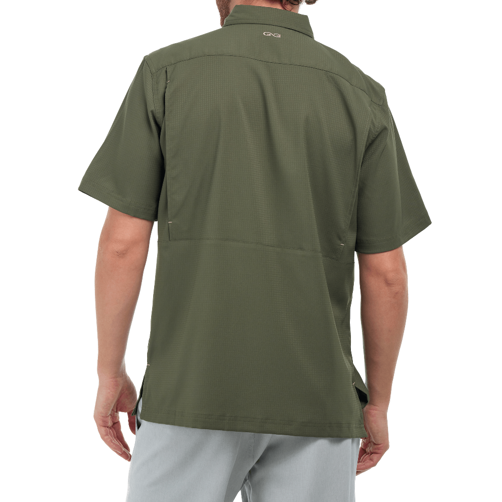 Person wearing a green short-sleeve shirt on a white background