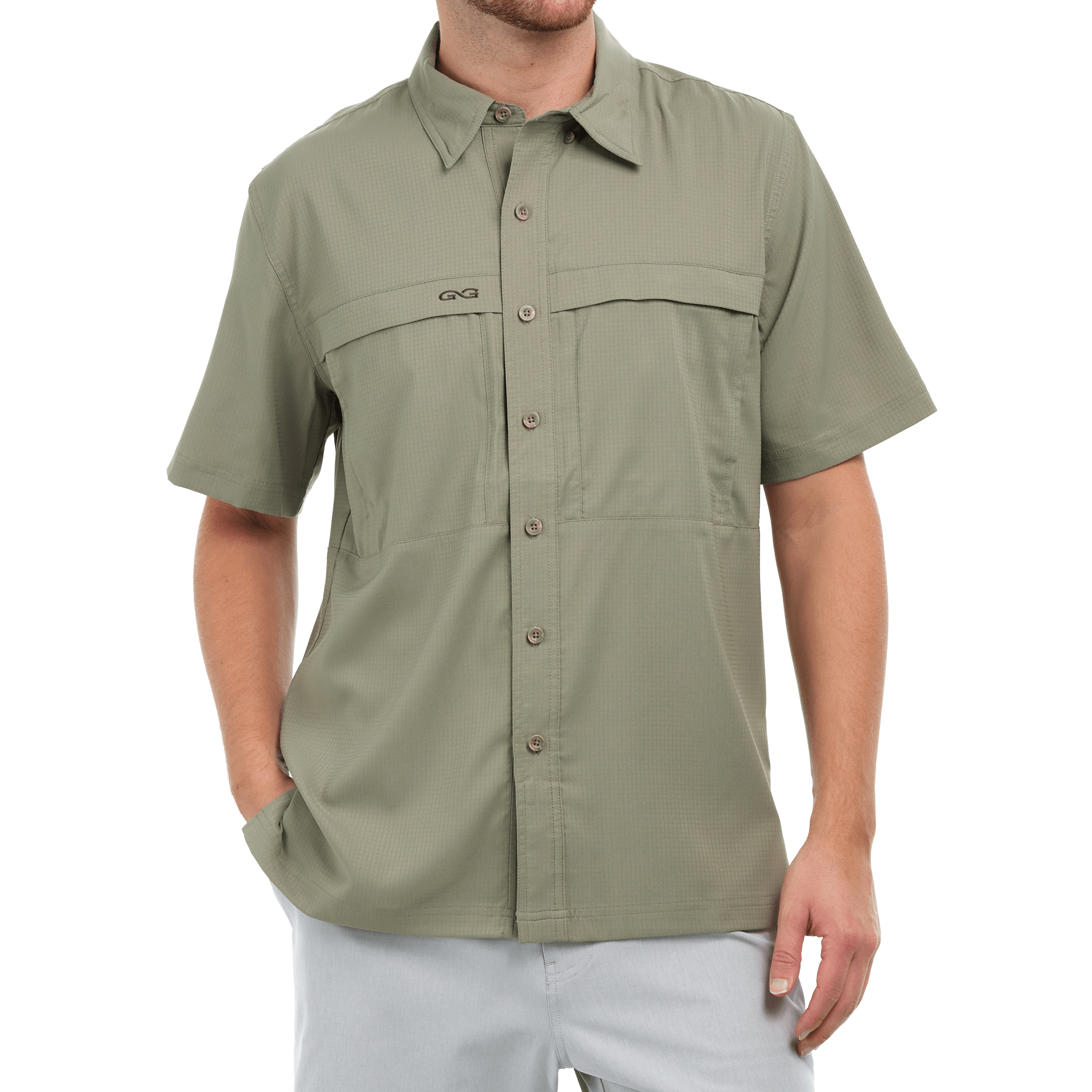 Man wearing a green short-sleeve shirt on a white background