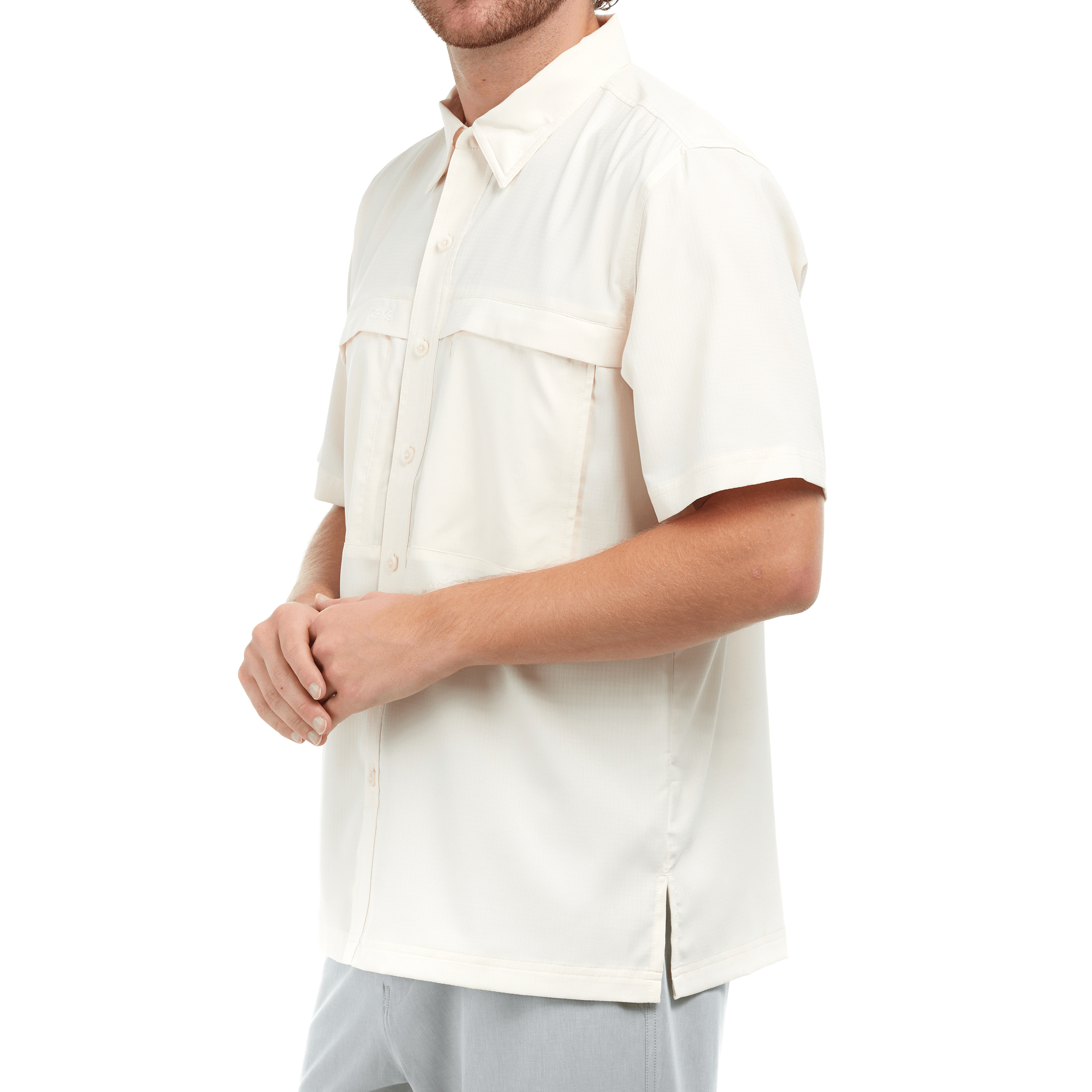 Person wearing a white short-sleeve shirt on a white background