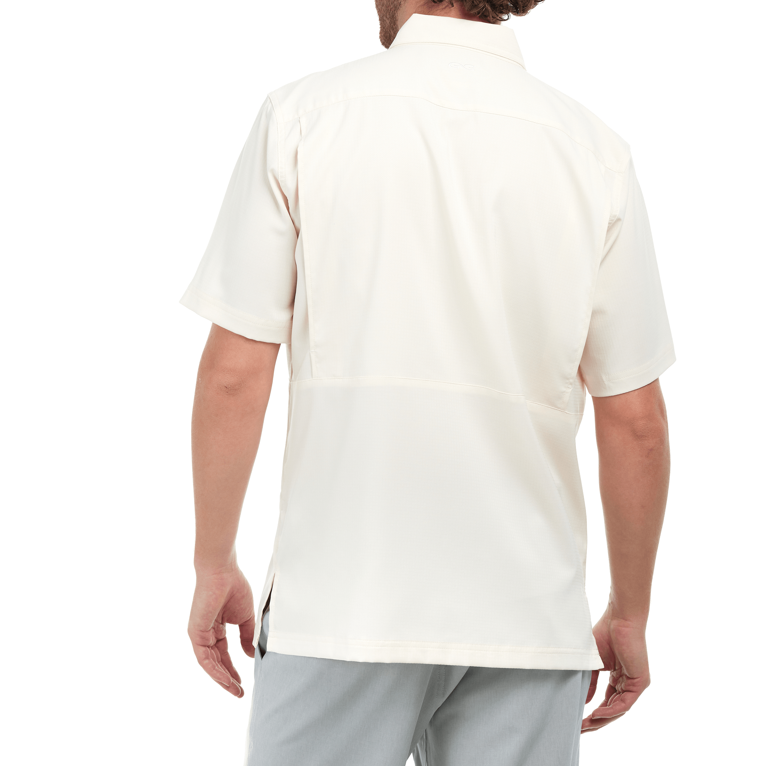 Person wearing a white short-sleeve shirt on a white background