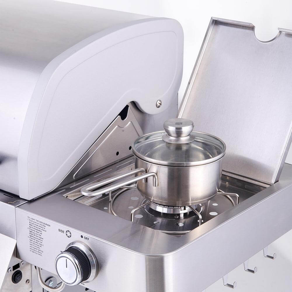 Stainless steel camping stove with a pot on a white background