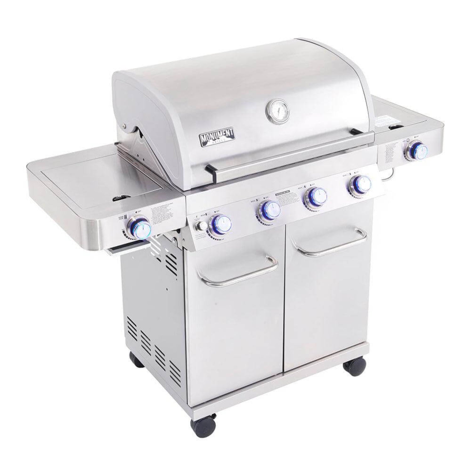 Stainless steel grill with multiple burners on a white background