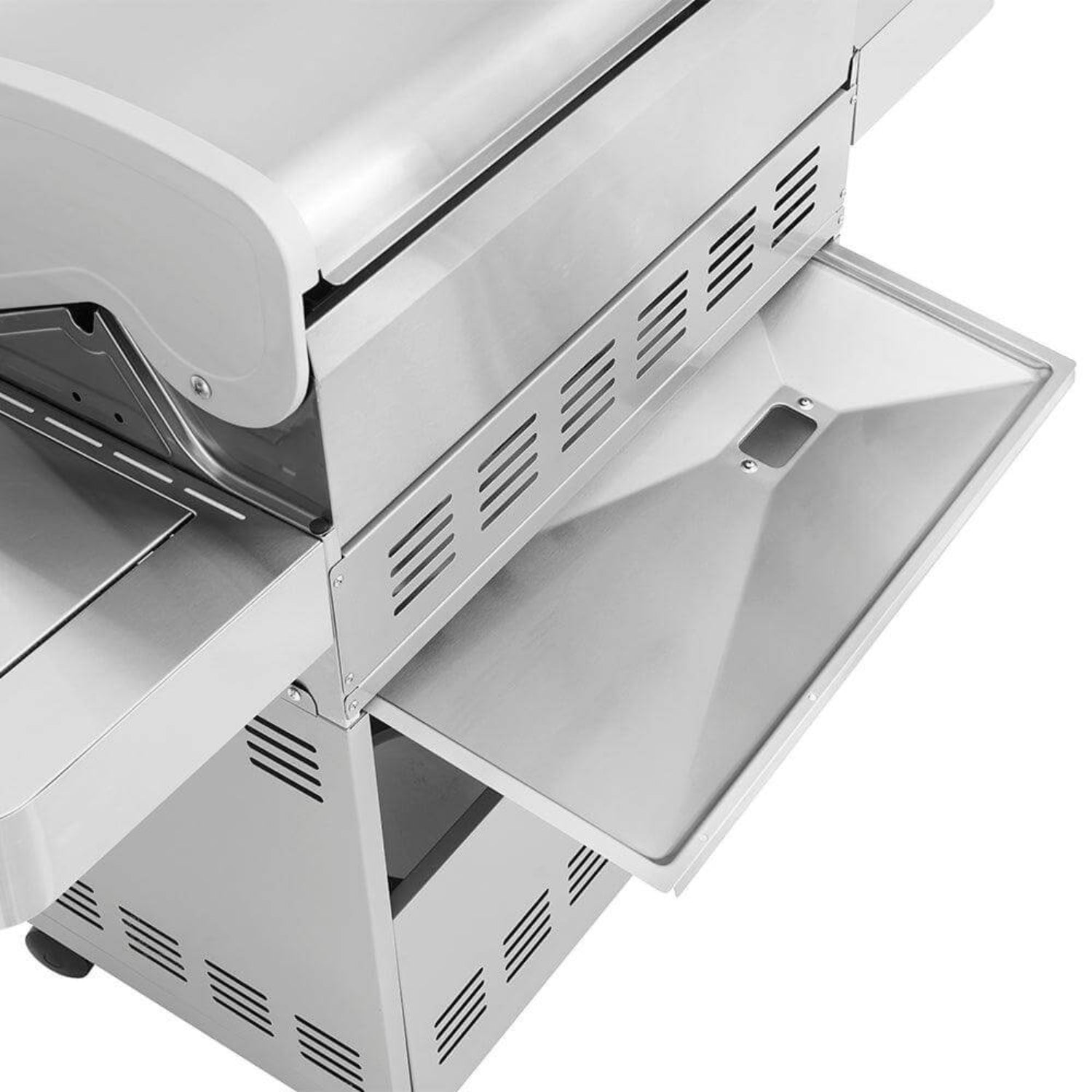Close-up of a stainless steel outdoor grill with open lid on a white background