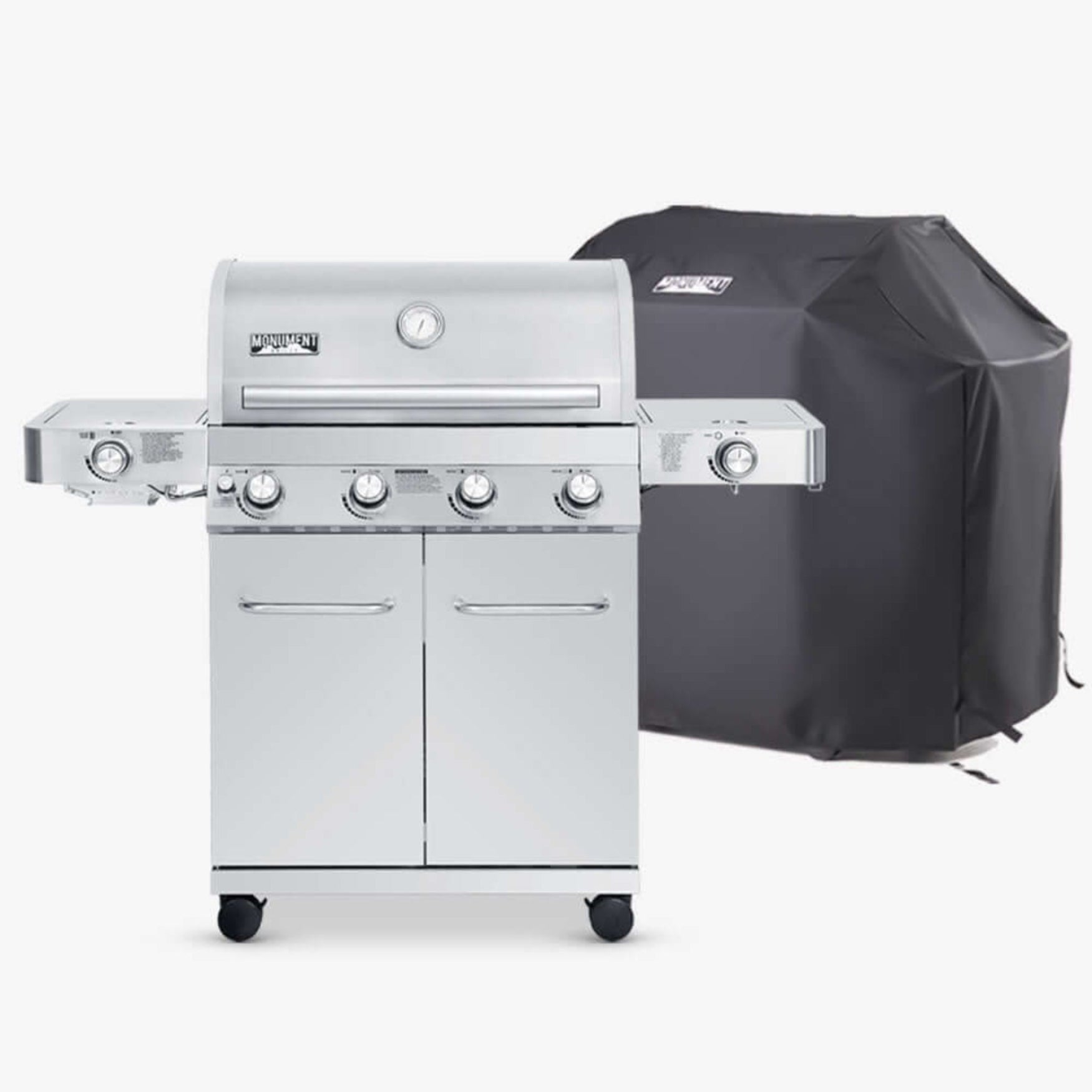 Stainless steel grill with a black cover on a white background