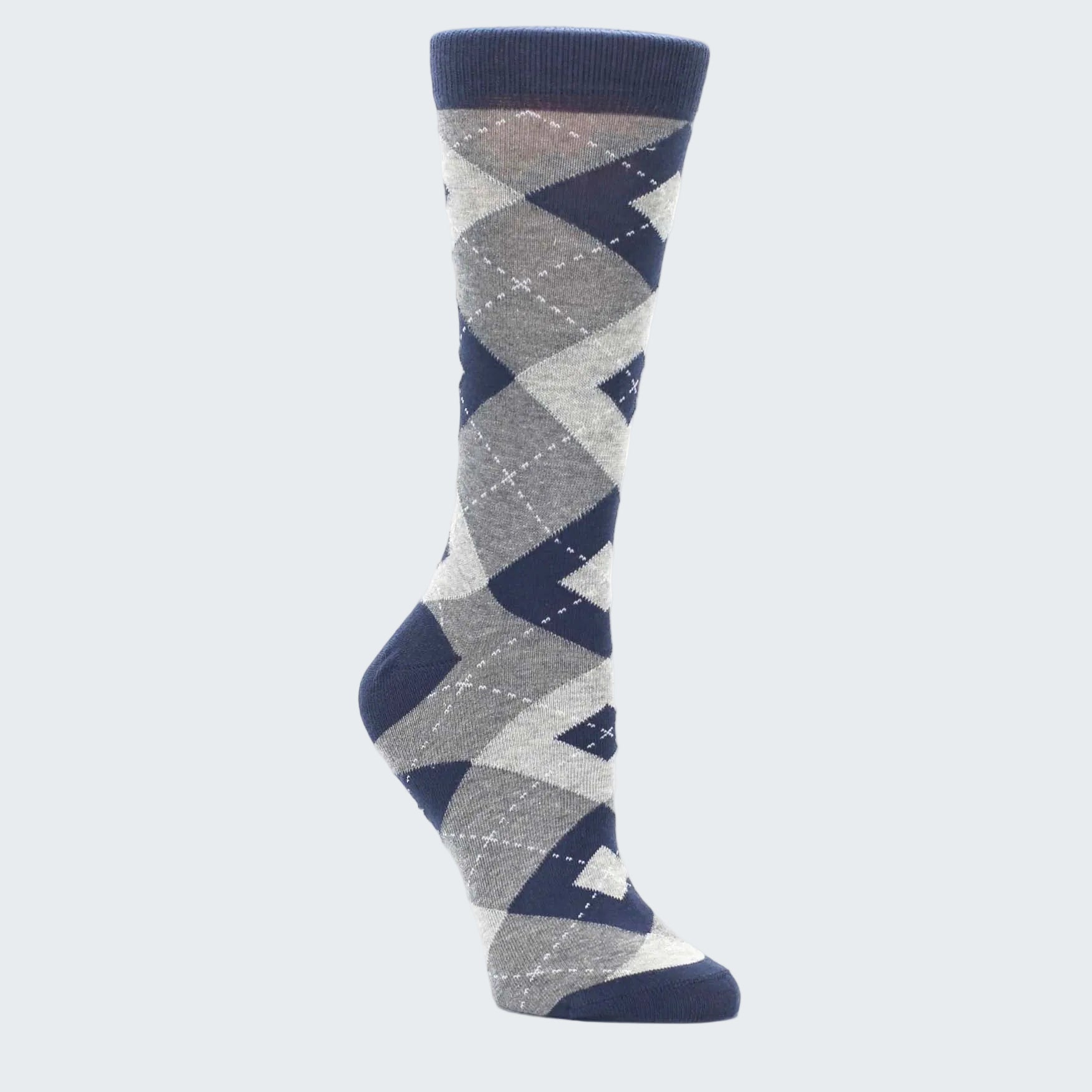 Navy and gray argyle patterned sock on a white background