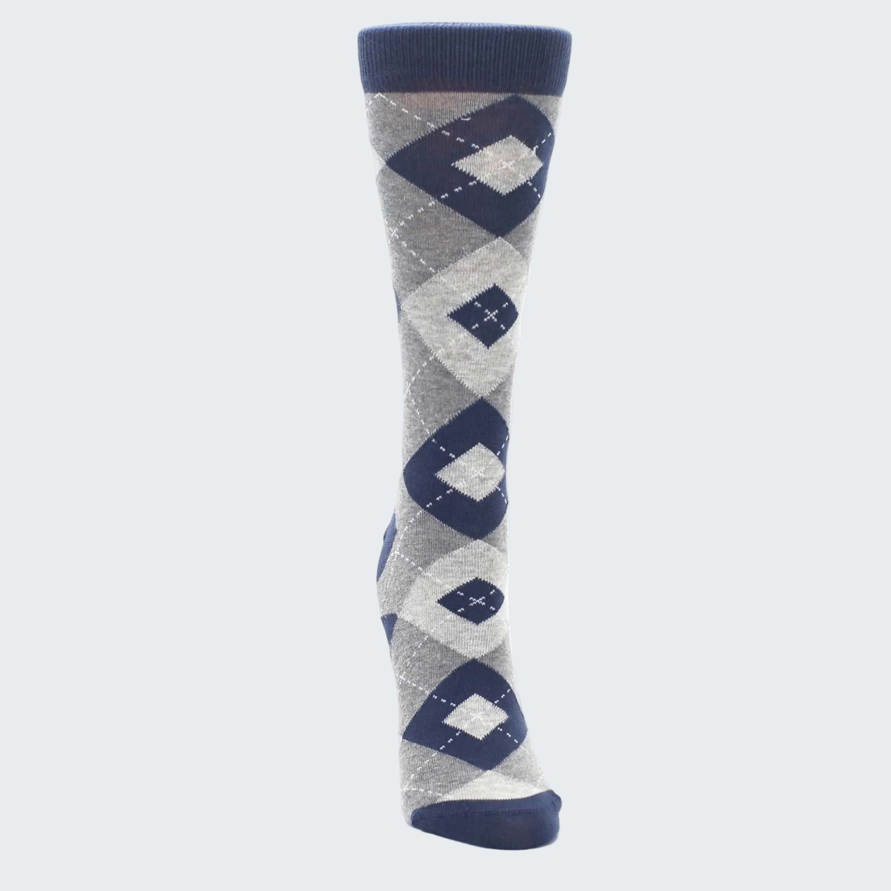 Gray and blue argyle patterned sock on a white background