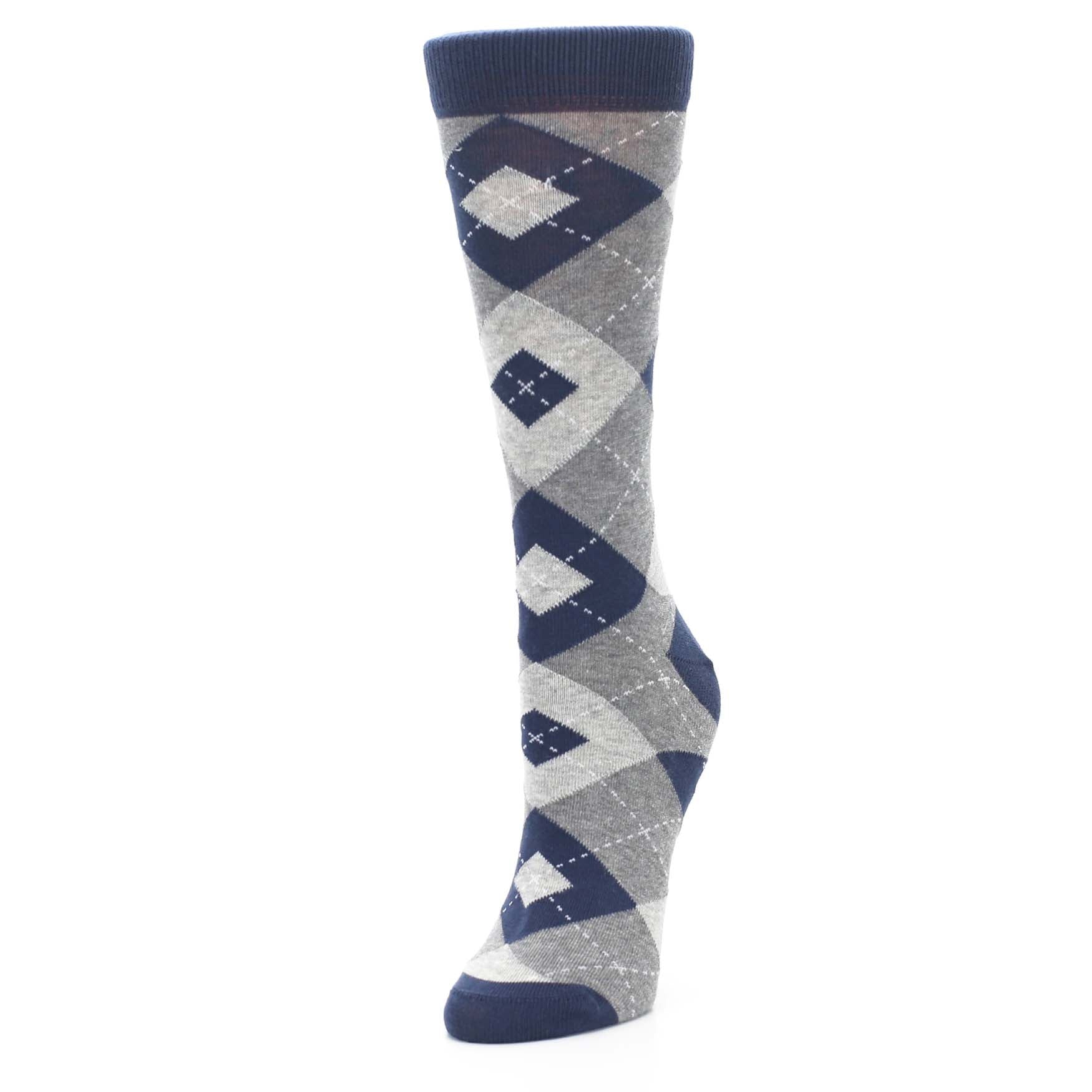 Sock with blue and gray argyle pattern on a white background